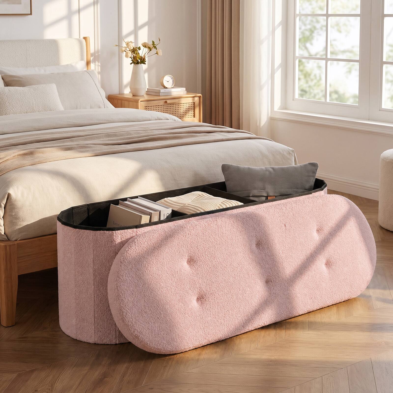 Alt View 3. Costway - Costway Storage Ottoman Bench 43" Oval Ottoman with Dividers Folding Teddy Boucle Footrest - Pink.