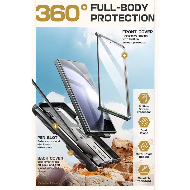 **360° FULL-BODY PROTECTION**

**FRONT COVER**
- Protective casing with built-in screen protector

**PEN SLOT**
- Safely store and eject pen within case

**BACK COVER**
- Dual-layer hybrid PC back and TPU impact resistant bumper

**Features:**
- Built-in Screen Protector
- Dust Proof
- Multi-Layer Design
- Scratch Resistant

*S Pen not included.