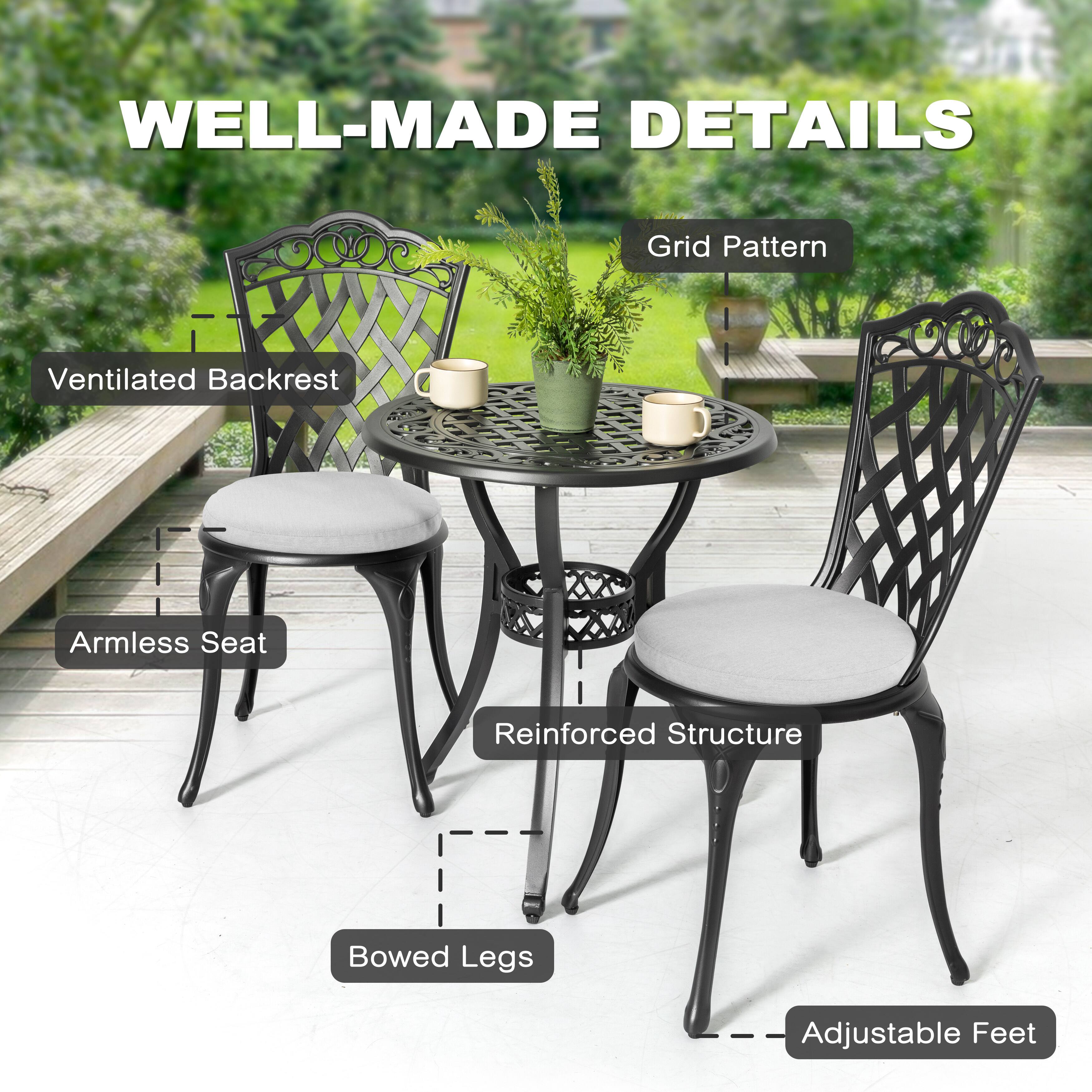 WELL-MADE DETAILS

- Ventilated Backrest
- Grid Pattern
- Armless Seat
- Reinforced Structure
- Bowed Legs
- Adjustable Feet