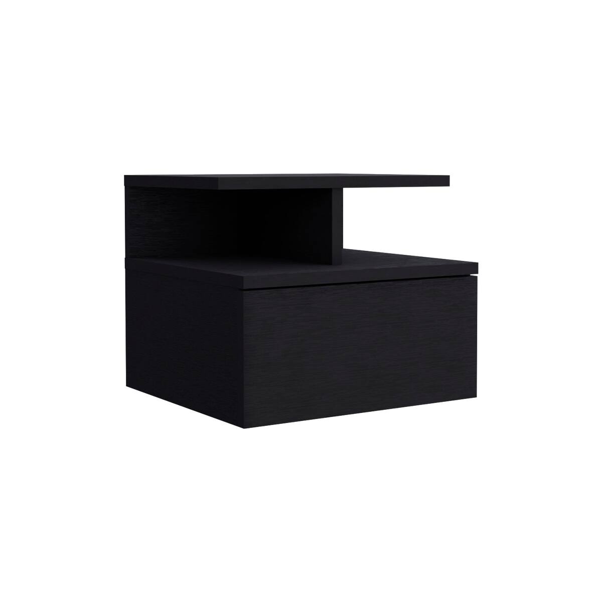 Back. Loheer - Loheer Floating Nightstand, Black Wall Mounted Bedside Table with Drawer and Two Tier Shelf - Black.