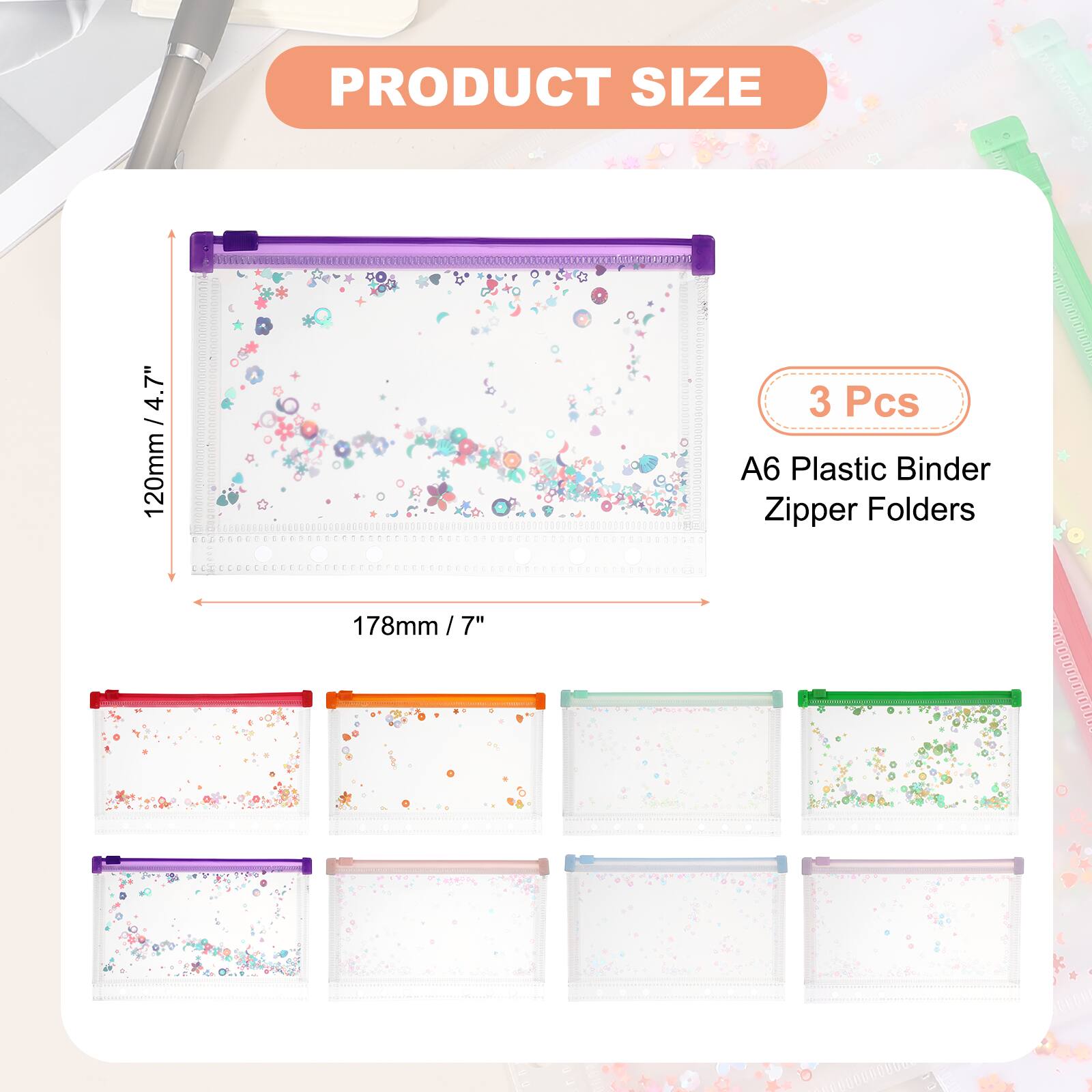 PRODUCT SIZE 4.7" / 120mm  
3 Pcs  
A6 Plastic Binder Zipper Folders  
178mm / 7"