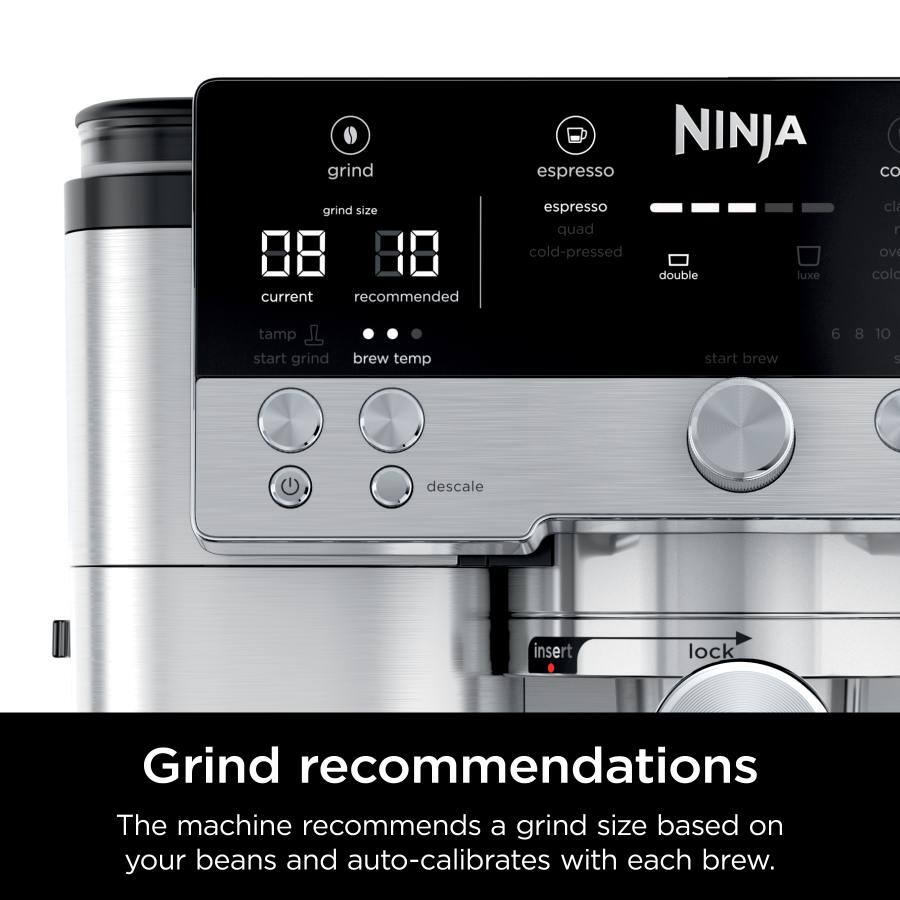 Grind Ninja Espresso

Grind Size
- Current: 88
- Recommended: 88

Grind Recommendations
The machine recommends a grind size based on your beans and auto-calibrates with each brew.

Espresso
- Espresso
- Quad
- Cold-Pressed
- Double
- Luxe

Brew Temp
- 6
- 8
- 10

Start Brew

Descaling
- Insert
- Lock