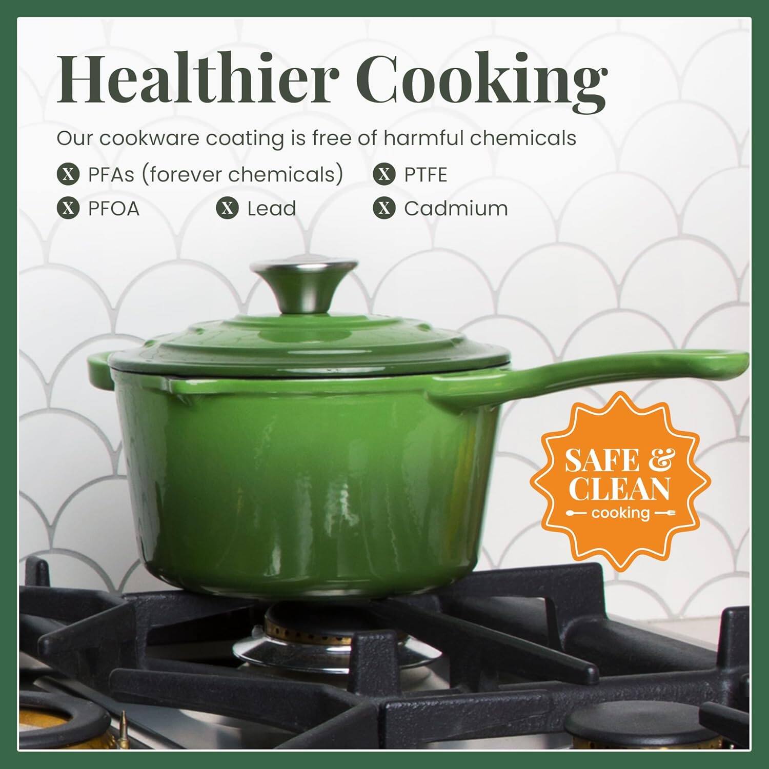 Healthier Cooking

Our cookware coating is free of harmful chemicals:
- PFAs (forever chemicals)
- PTFE
- PFOA
- Lead
- Cadmium

SAFE & CLEAN cooking