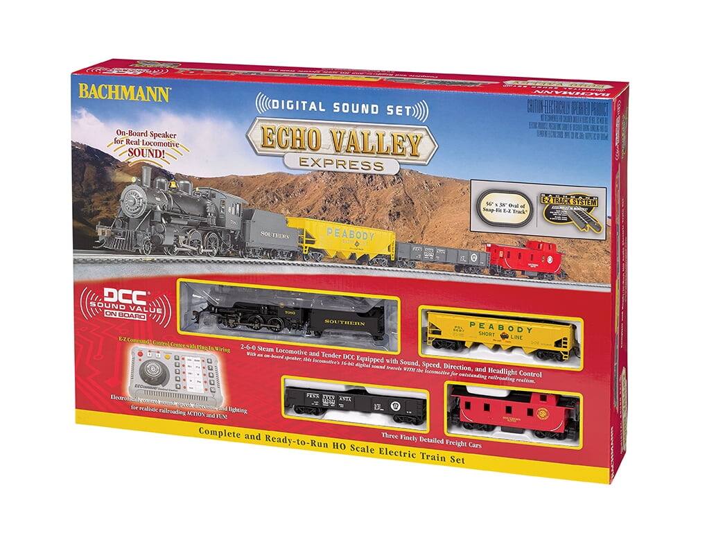 BACHMANN  
On-Board Speaker for Real Locomotive SOUND!  
DIGITAL SOUND SET  
ECHO VALLEY EXPRESS  

SOUTHERN PEABODY  
2-6-0 Steam Locomotive and Tender  
DCC Equipped with 16-bit digital sound, Speed, Direction, and Headlight Control for realistic railroading realism.  

E-Z TRACK SYSTEM  
56" x 58" oval of Snap-Hit E-Z Track  

DCC SOUND VALUE ON BOARD  
EZ-Command Control Center with Plug-In Wiring  
Electrochemical control for realistic sound, speed, direction, and lighting for realistic railroading ACTION and FUN!  

Three Finely Detailed Freight Cars  
and Ready-to-Run HO Scale Electric Train Set  

Complete and Ready-to-Run HO Scale Electric Train Set