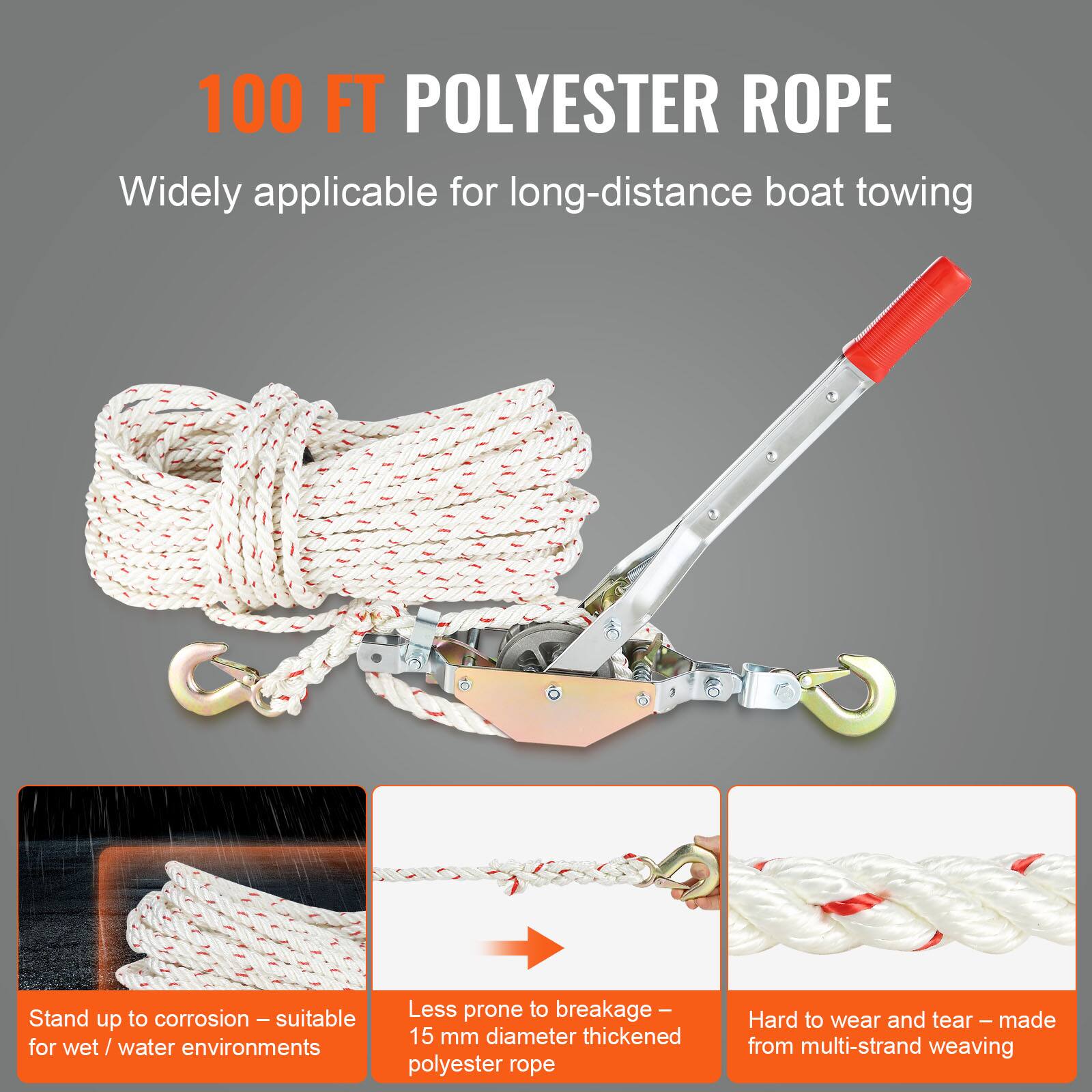 100 FT POLYESTER ROPE  
Widely applicable for long-distance boat towing  

- Stand up to corrosion – suitable for wet / water environments  
- Less prone to breakage – 15 mm diameter thickened polyester rope  
- Hard to wear and tear – made from multi-strand weaving