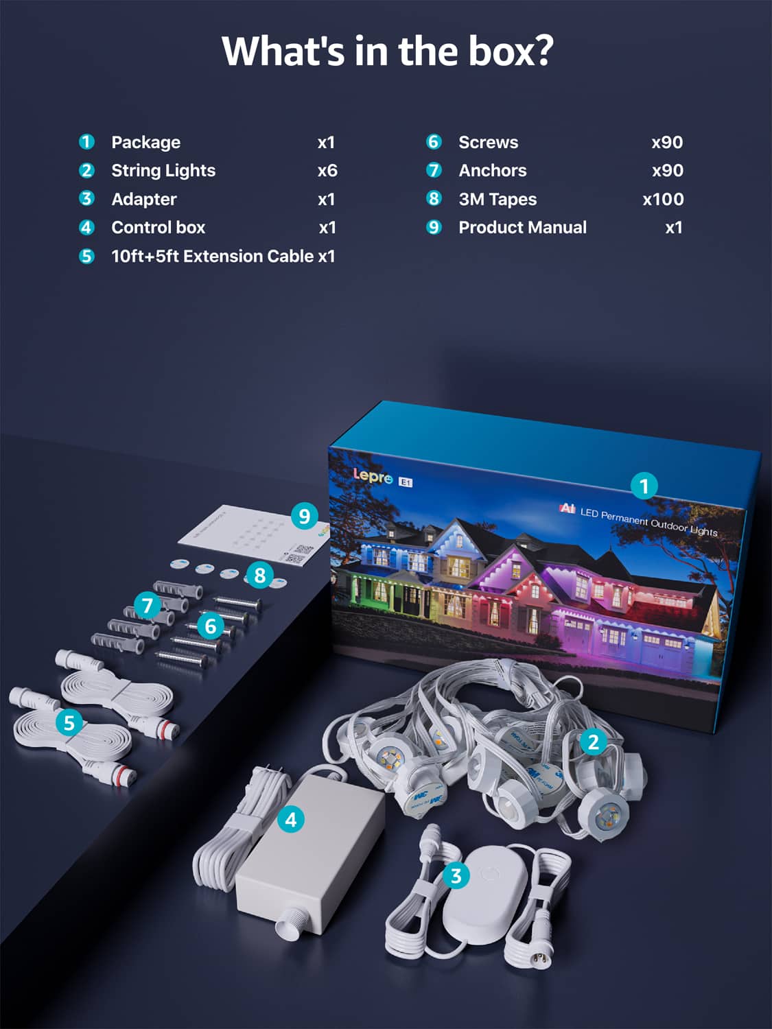 What's in the box?
1. Package - x1
2. String Lights - x6
3. Adapter - x1
4. Control box - x1
5. 10ft+5ft Extension Cable x1 - x1
6. Screws - x90
7. Anchors - x90
8. 3M Tapes - x100
9. Product Manual - x1