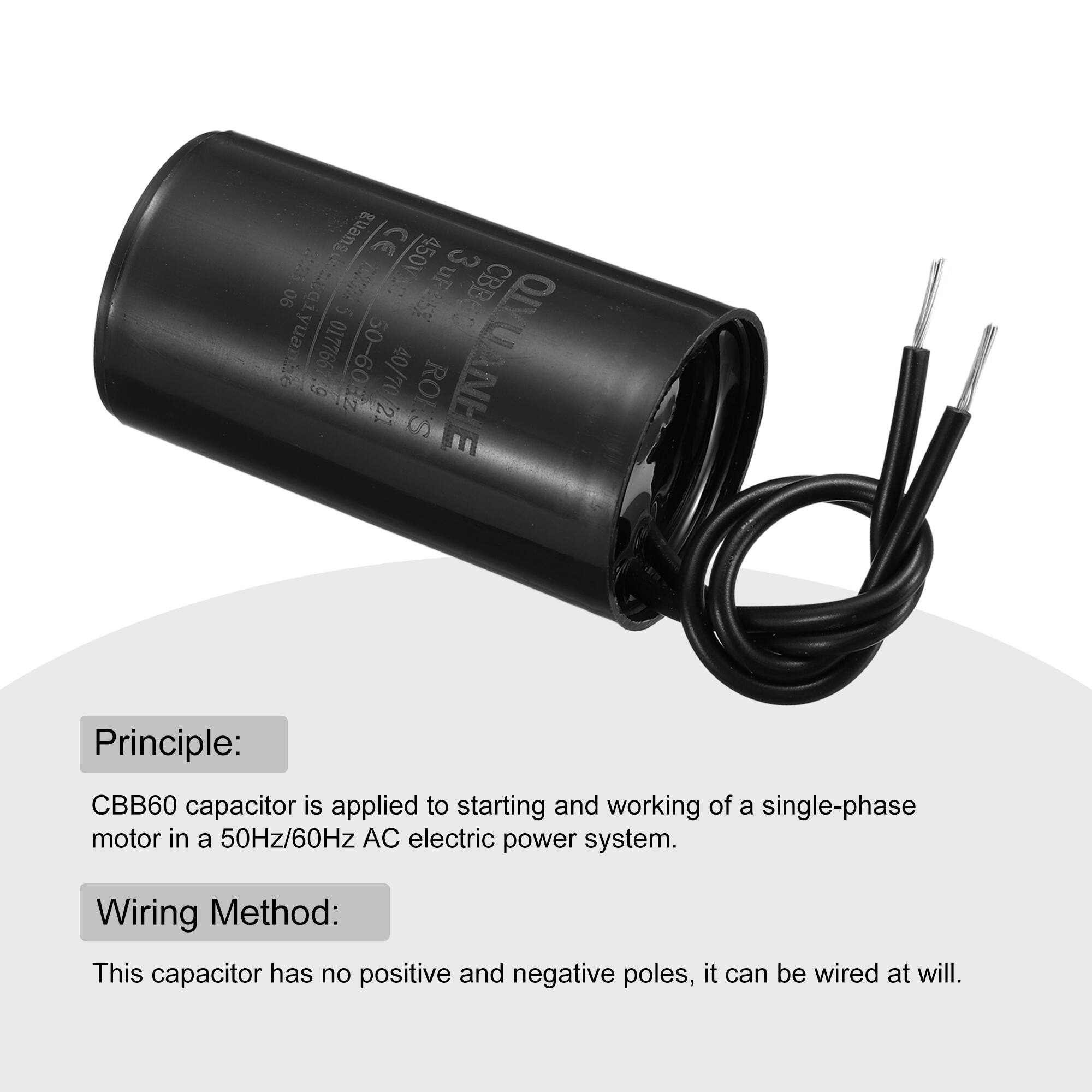 guang CE 450V 125 3 T uF 90 5 saan CBBS0 yuanne 017766 50-60z 40/70 QIYUANE 9 RO HN 21 S mn

Principle: CBB60 capacitor is applied to starting and working of a single-phase motor in a 50Hz/60Hz AC electric power system.

Wiring Method: This capacitor has no positive and negative poles, it can be wired at will.