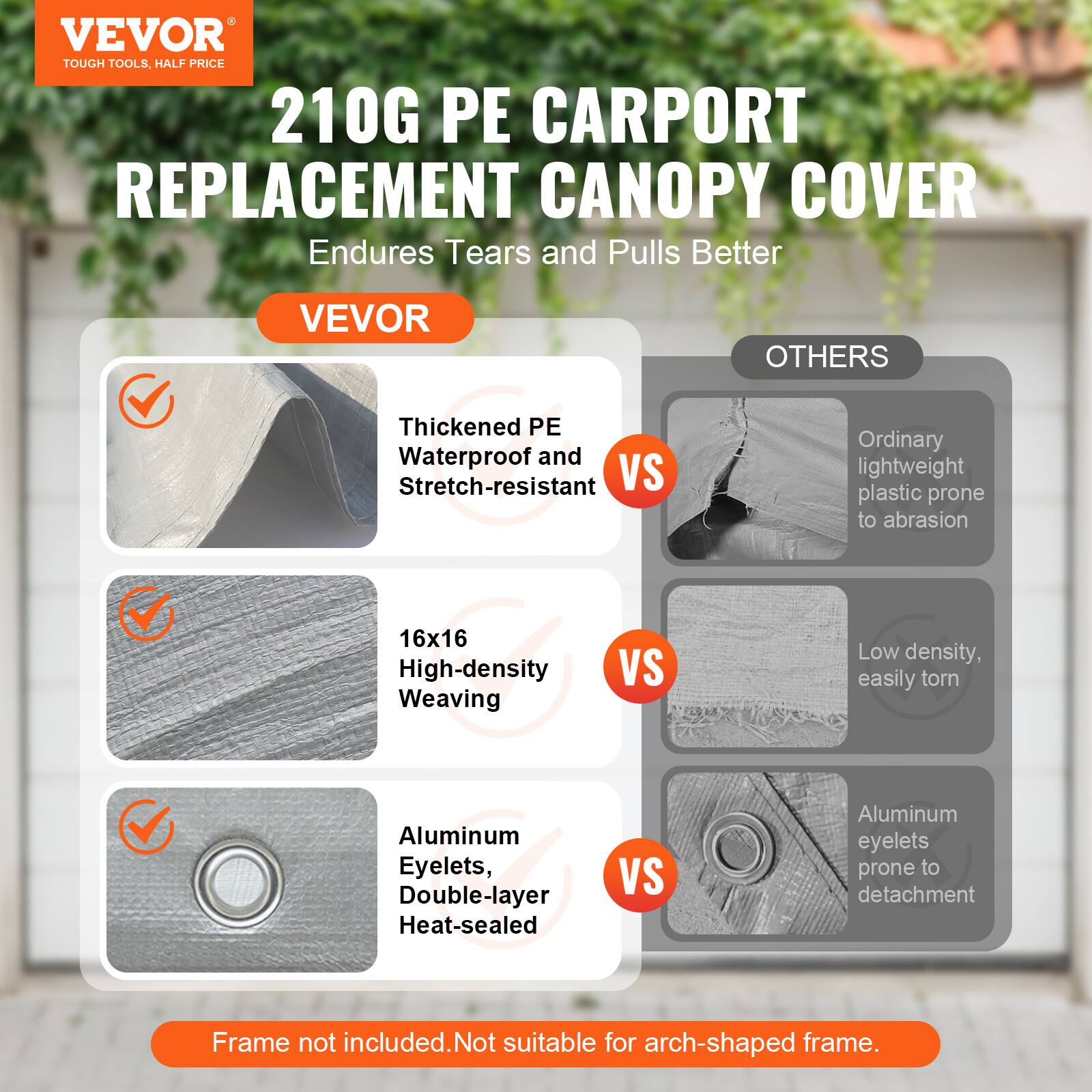 VEVOR TOUGH TOOLS, HALF PRICE 210G PE CARPORT REPLACEMENT CANOPY COVER Endures Tears and Pulls Better

VEVOR
Thickened PE
Waterproof and Stretch-resistant
VS
Ordinary lightweight plastic prone to abrasion

16x16
High-density Weaving
VS
Low density, easily torn

Aluminum Eyelets, Double-layer Heat-sealed
VS
Aluminum eyelets prone to detachment

Frame not included. Not suitable for arch-shaped frame.