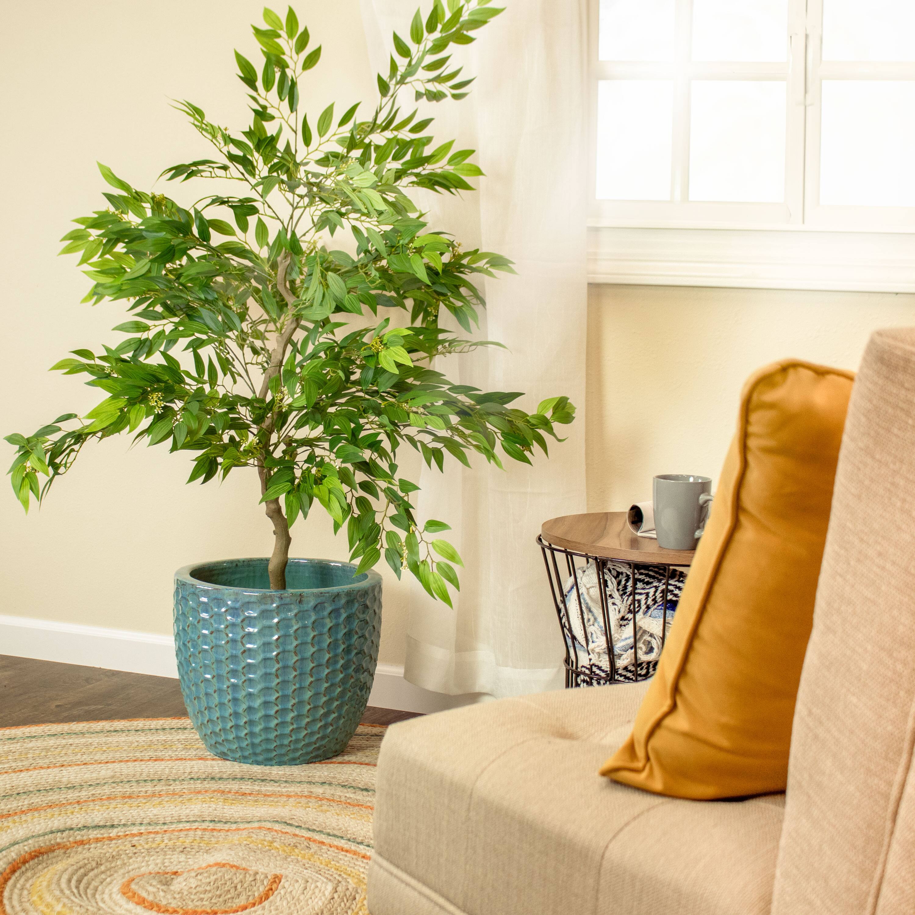 Alt View 4. Sunnydaze - Raised Hexagon Pattern Ceramic Planter - 14" - Cyan.