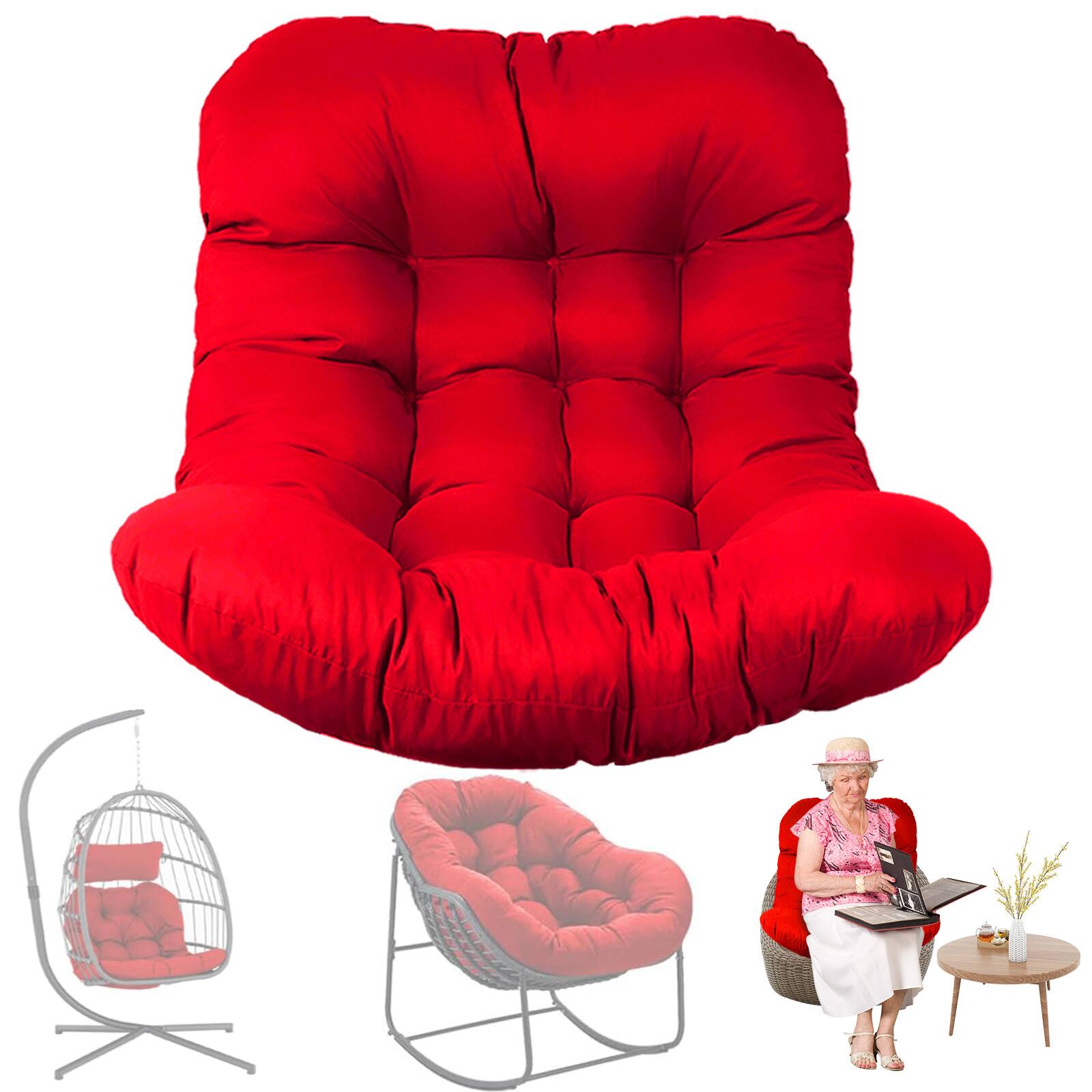 Front. Chateau Abodes - Outdoor Egg Chair Cushion, 7.9in Thick Waterproof Replacement for Hammock & Swing Chairs, Patio & Porch - Red.