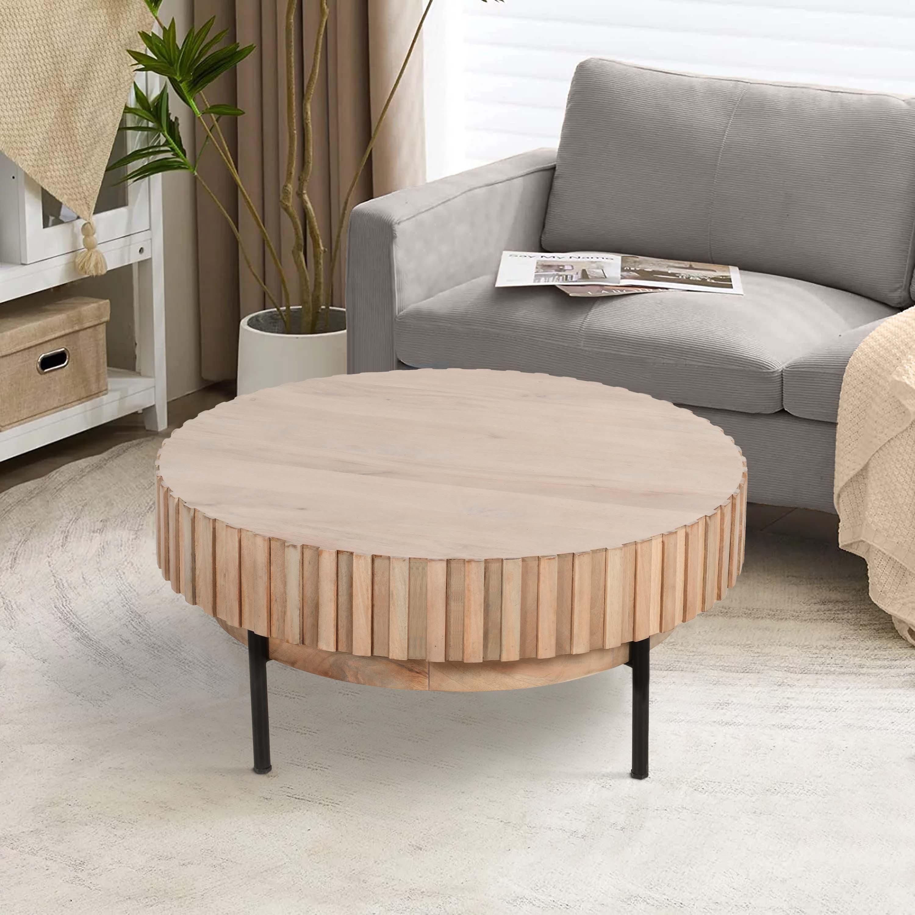 Alt View 9. Manhattan Lane - 36 Inch Modern Handcrafted Round Coffee Table, Oak White Wood Top with Grooved Edges, Black Iron Legs - Oak White, Black.