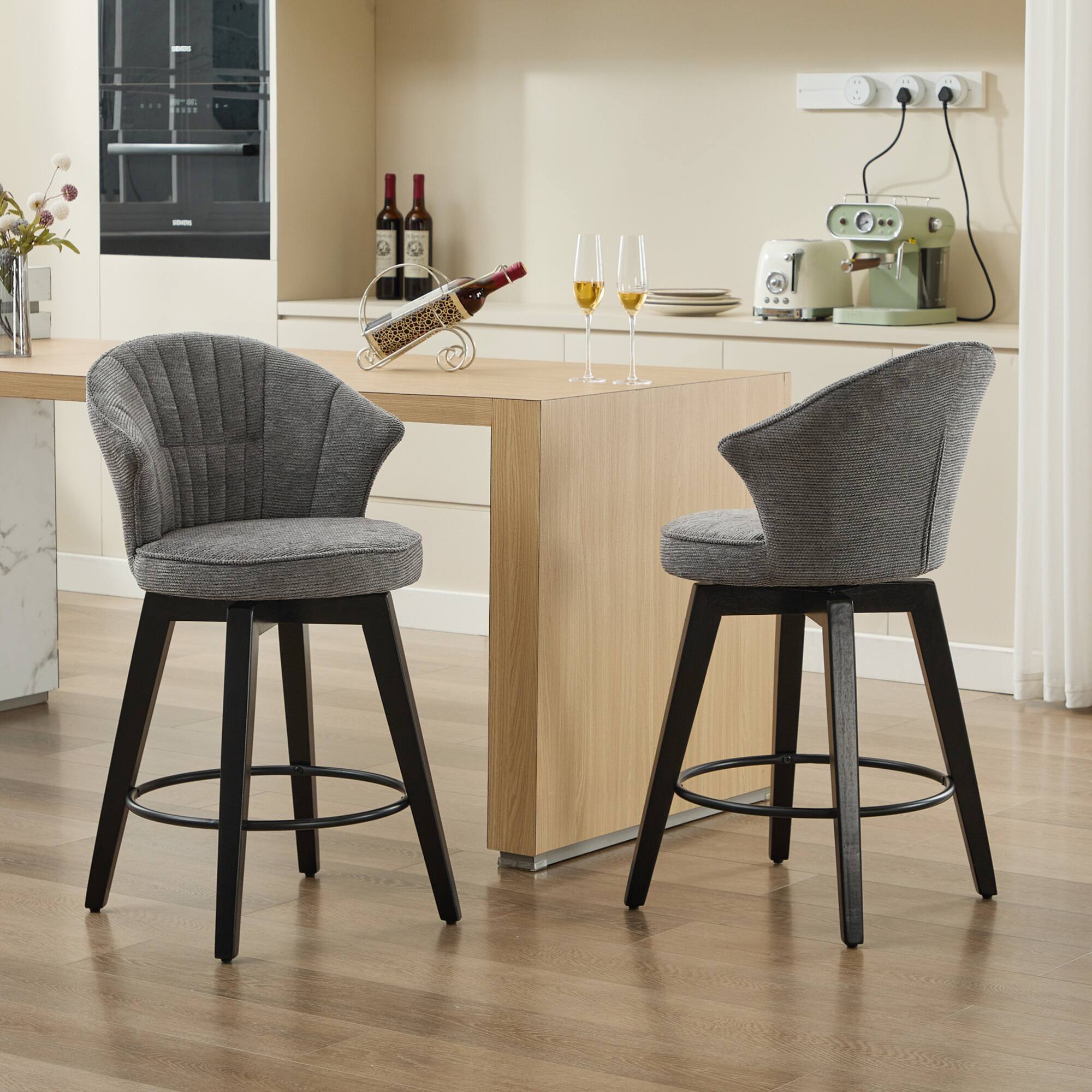 Alt View 4. GOODSILO - Set of 2 Wing Back Swivel Bar Stools - Adjustable Counter Height Stools with Solid Wood Legs & Plush Upholstery - Dark Grey.