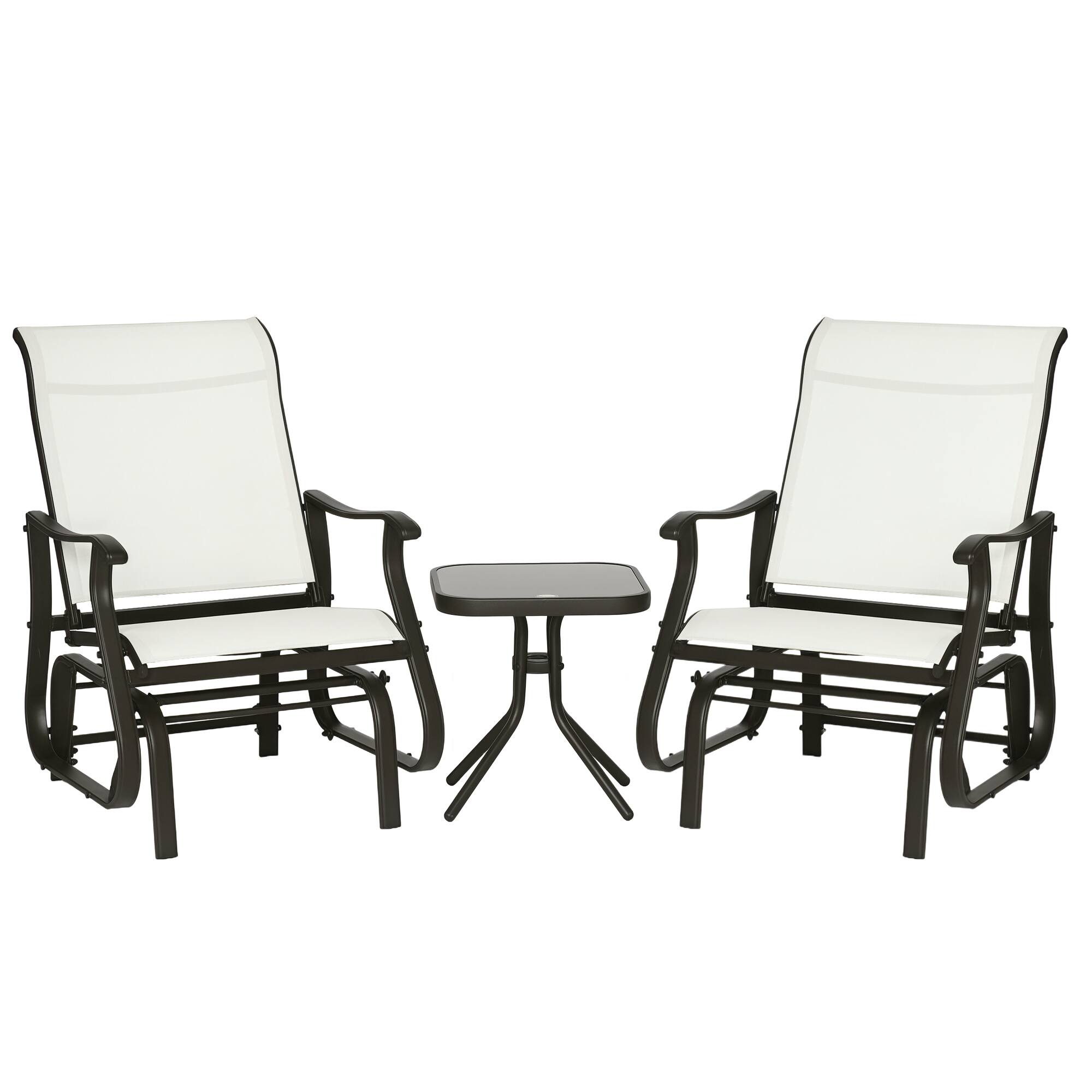 Front. Outsunny - 3-Piece Outdoor Gliders Set Bistro Set with Steel Frame, Tempered Glass Top Table for Patio, Garden, Backyard, Lawn - Cream White.