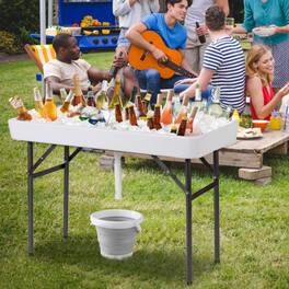 Mondawe - 4 ft Folding Party Ice Table w Skirt & Ice Bucket Drain Hose Plastic Top Iron Legs - White