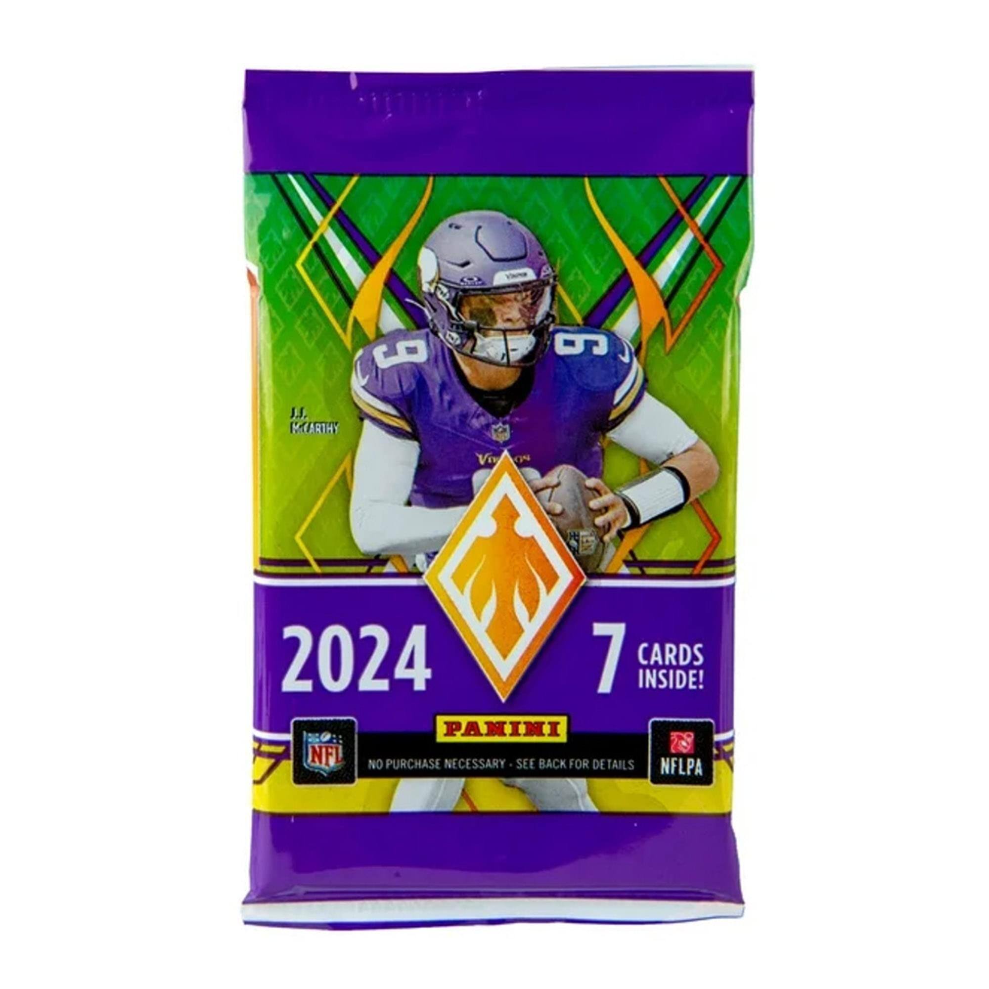 Sure, here is the corrected and grouped text from the image:

---

**Panini NFL**

**2024**

**7 CARDS INSIDE!**

**NO PURCHASE NECESSARY. SEE BACK FOR DETAILS**

**NFLPA**

**J.J. McCARTHY**

**VOL**

**72**

**NFL**

**NFLPA**

**SEE BACK FOR DETAILS**

---

This text is grouped and corrected based on the image provided.