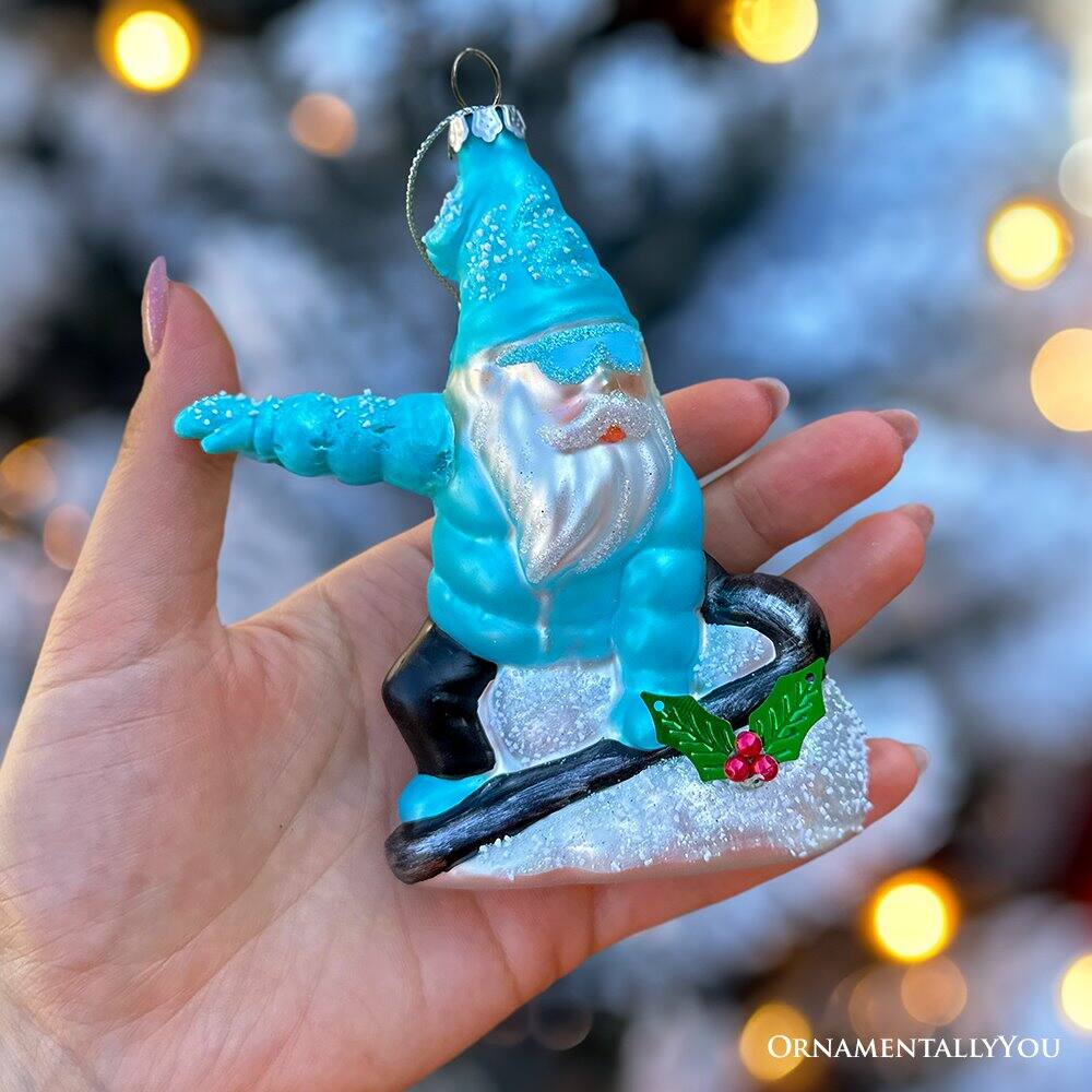 Back. OrnamentallyYou - Snowboarding Gnome Glass Christmas Ornament Winter Blue Aspen Tree Decor - Multi-colored.