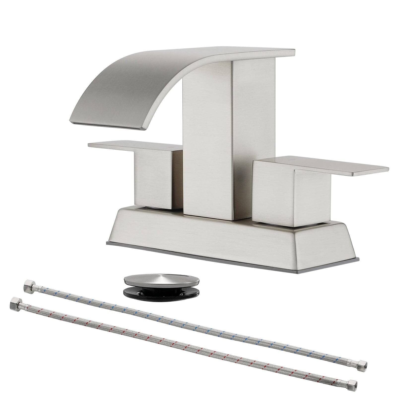 Brushed 4 Inch Centerset Faucet SUS304 Waterfall Spout 1.2GPM Dual Handle Pop Up Drain price history on PriceWatchPro