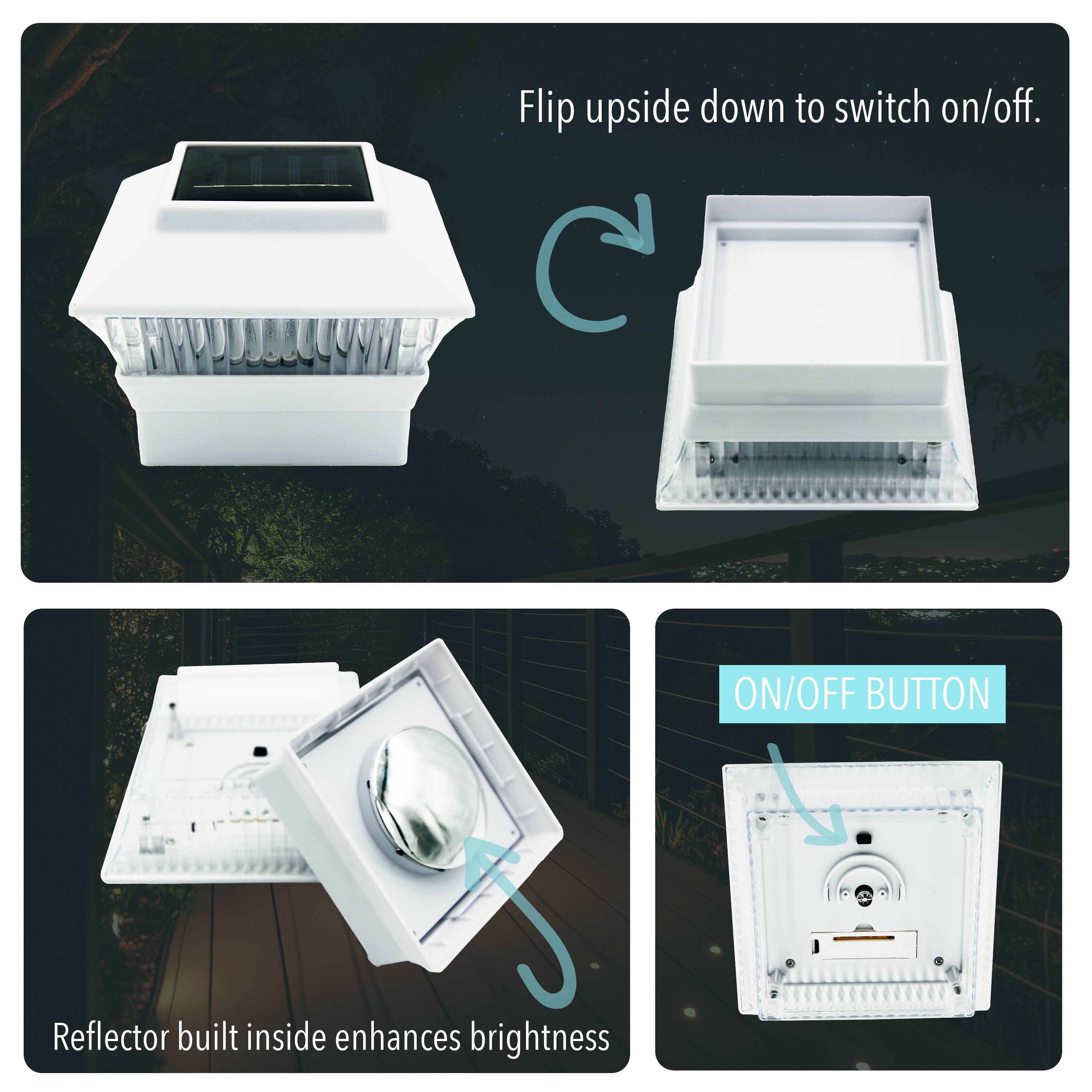 Flip upside down to switch on/off.

Reflector built inside enhances brightness.

ON/OFF BUTTON