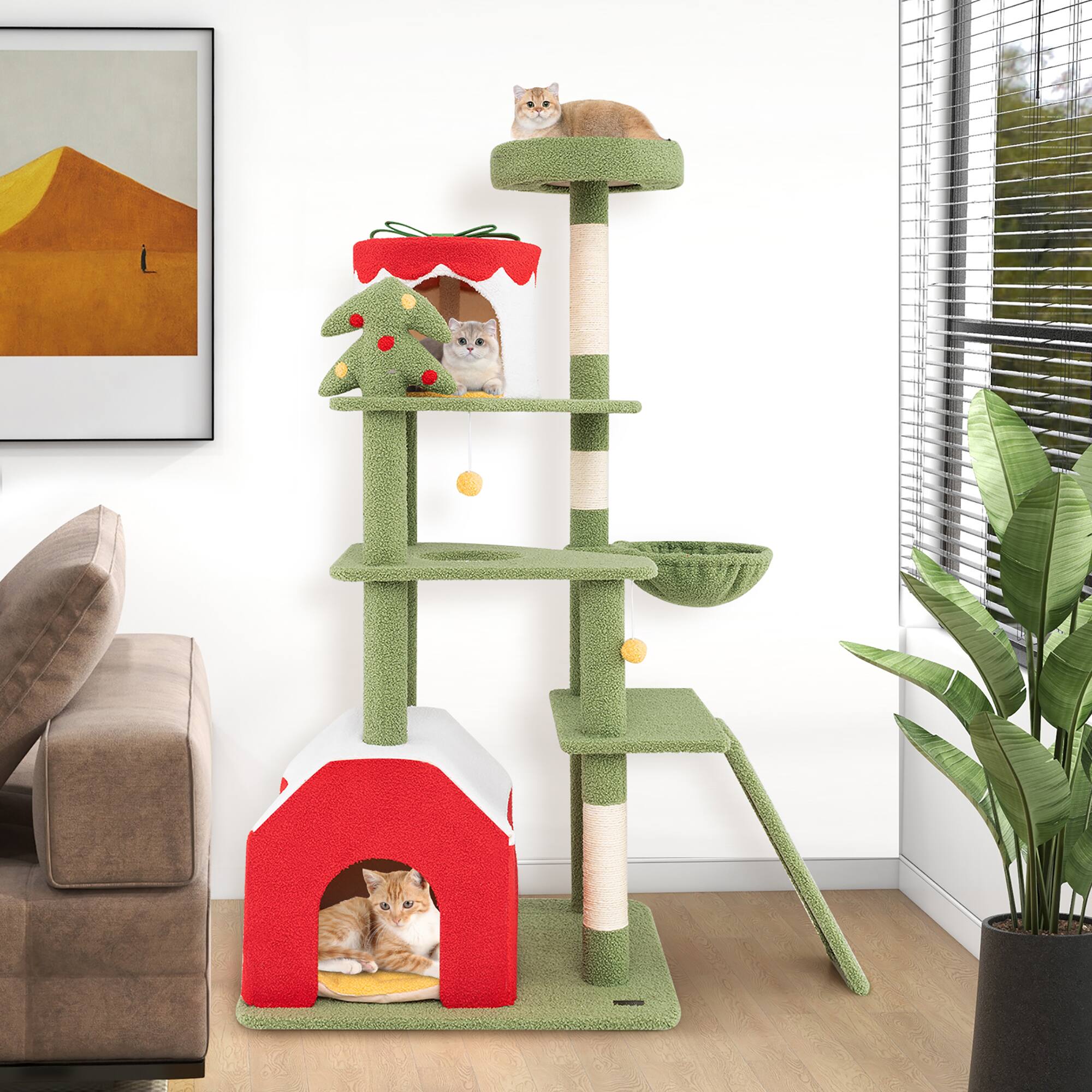 Alt View 4. Gymax - Gymax 61'' Tall Christmas Cat Tree w/ Sisal Scratching Posts Plush Perch & 2 Condos - GYM15380.