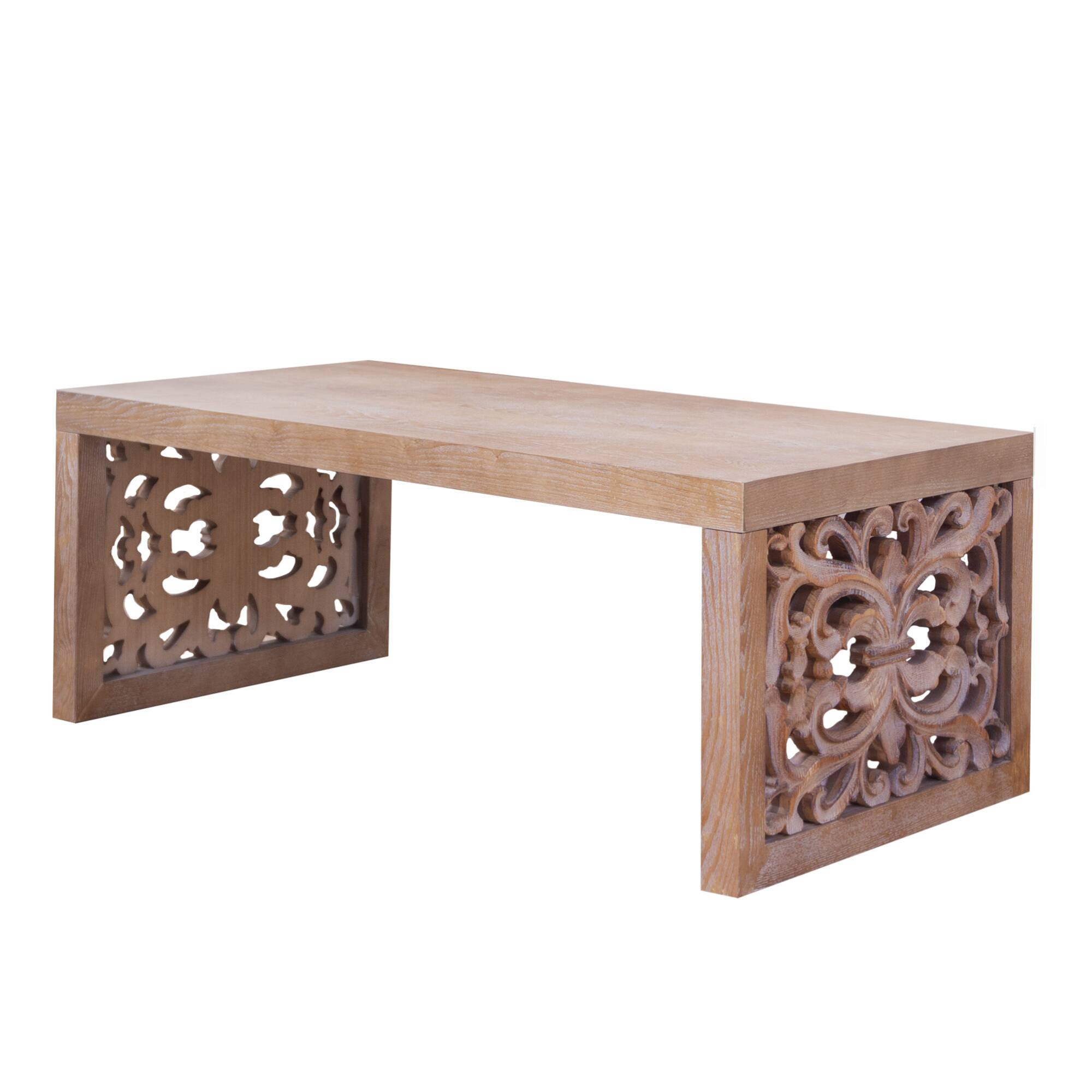 Alt View 1. GOODSILO - Handcrafted Rustic Wood Coffee Table with Ornate Side Panels and Natural Finish - Natural.