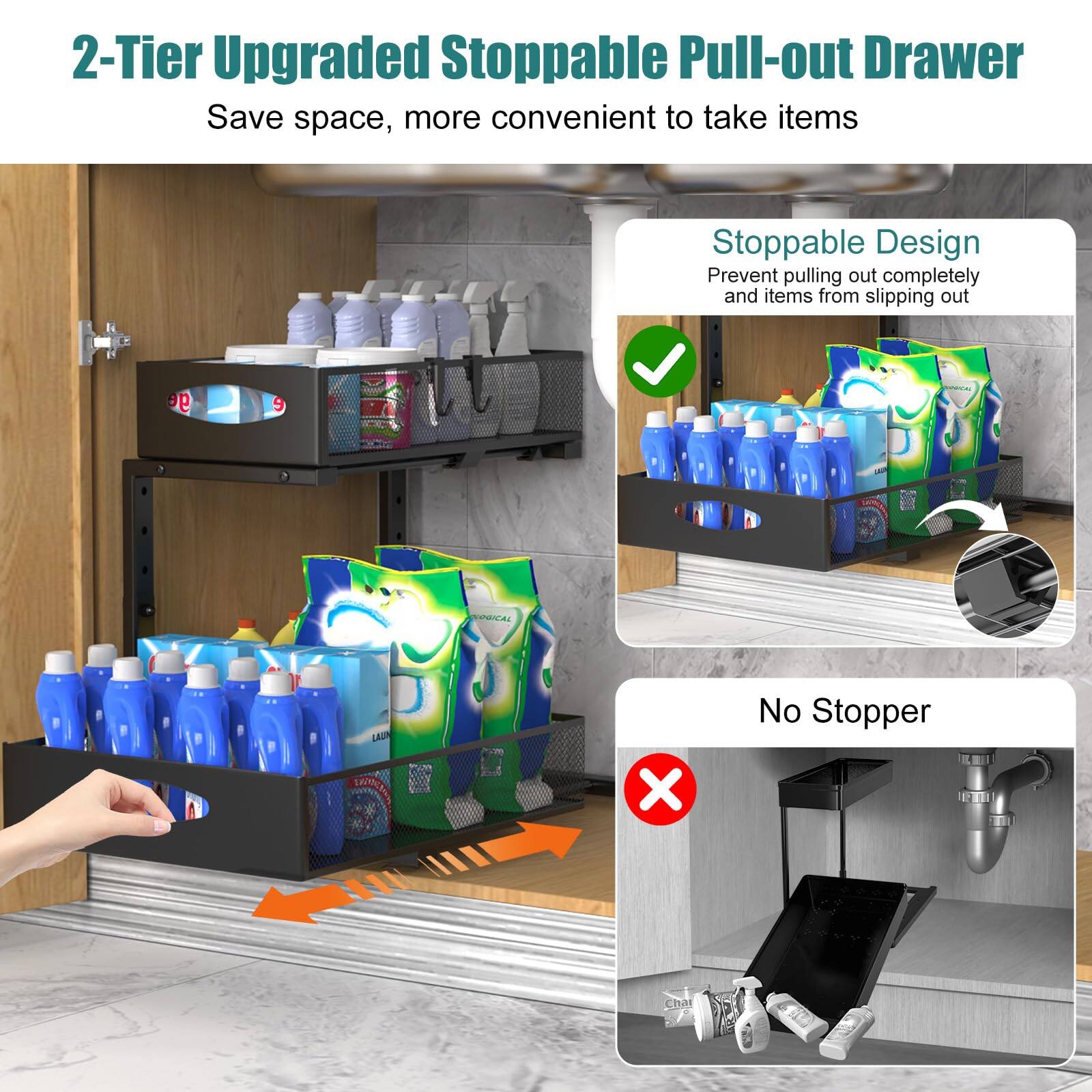 2-Tier Upgraded Stoppable Pull-out Drawer  
Save space, more convenient to take items  

Stoppable Design  
Prevent pulling out completely and items from slipping out  

No Stopper