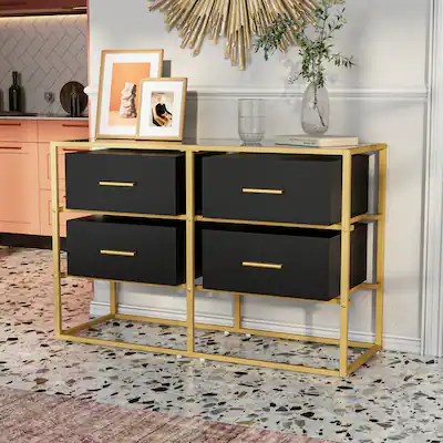 Famapy - Metal- Framed Dresser: Tempered Glass Top & Modern Storage - Black Famapy - Metal- Framed Dresser: Tempered Glass Top & Modern Storage - Black