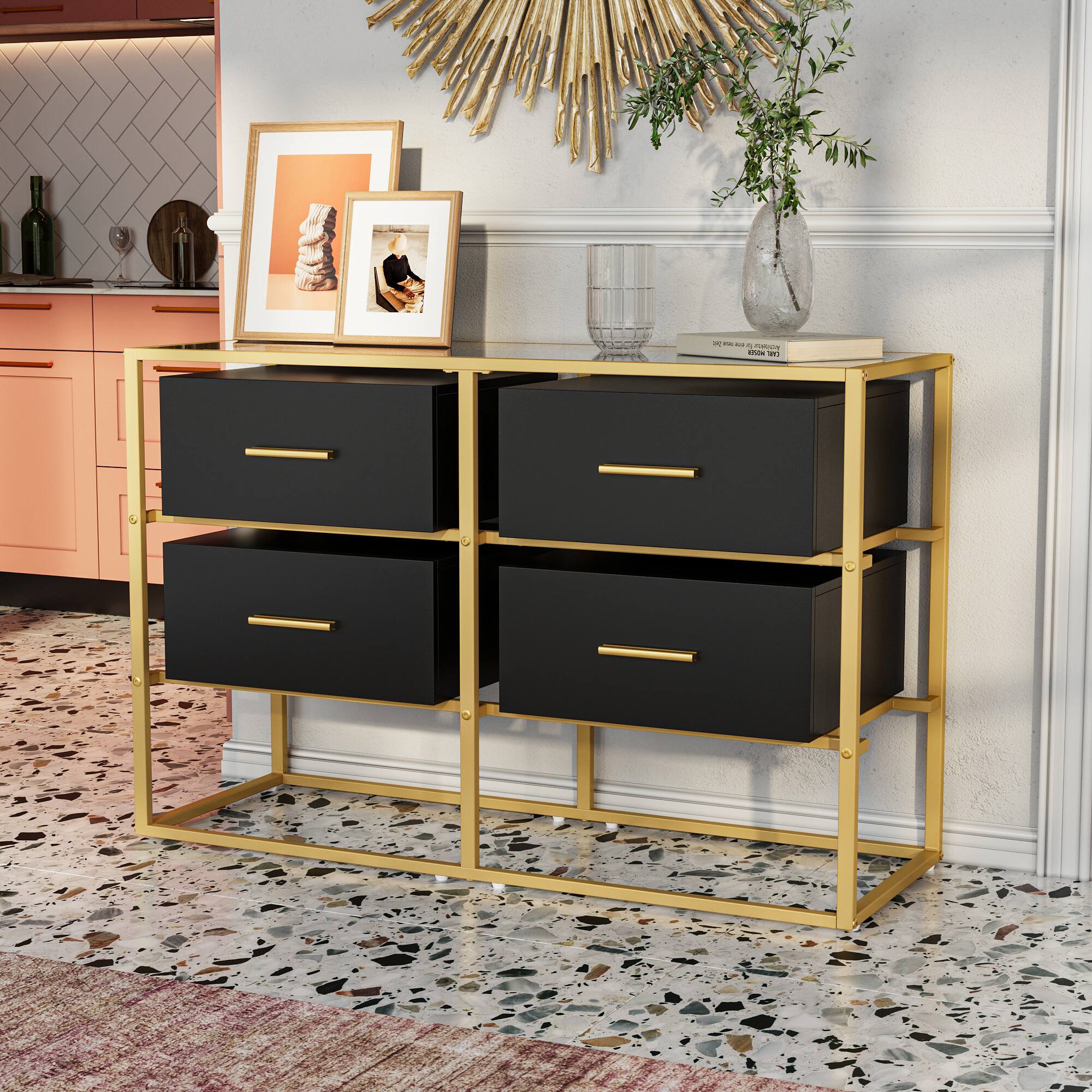 Alt View 4. Famapy - Famapy Metal- Framed Dresser: Tempered Glass Top & Modern Storage - Black.