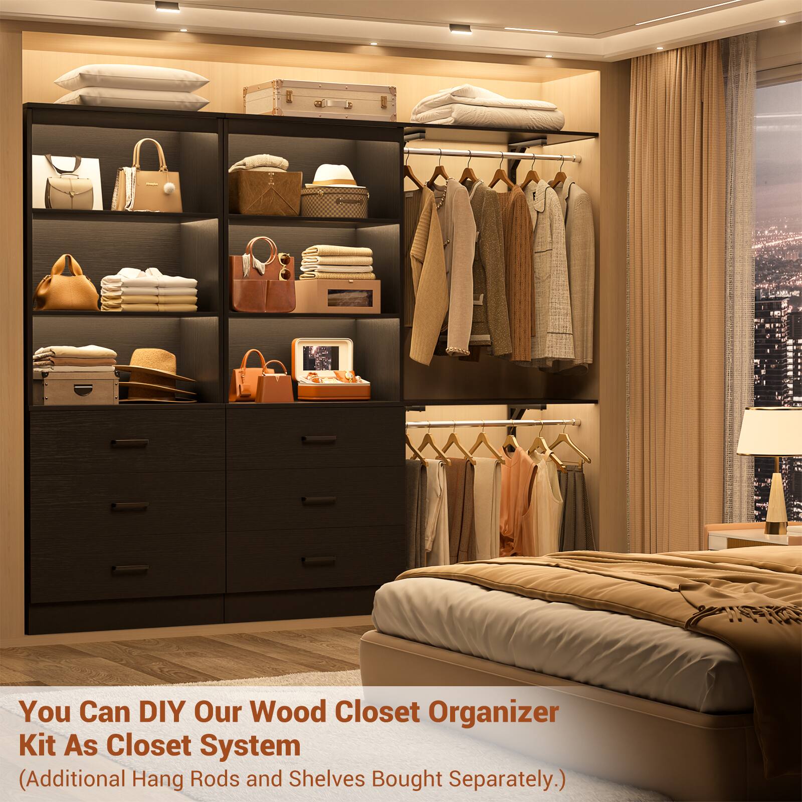 You Can DIY Our Wood Closet Organizer Kit As Closet System  
(Additional Hang Rods and Shelves Bought Separately.)