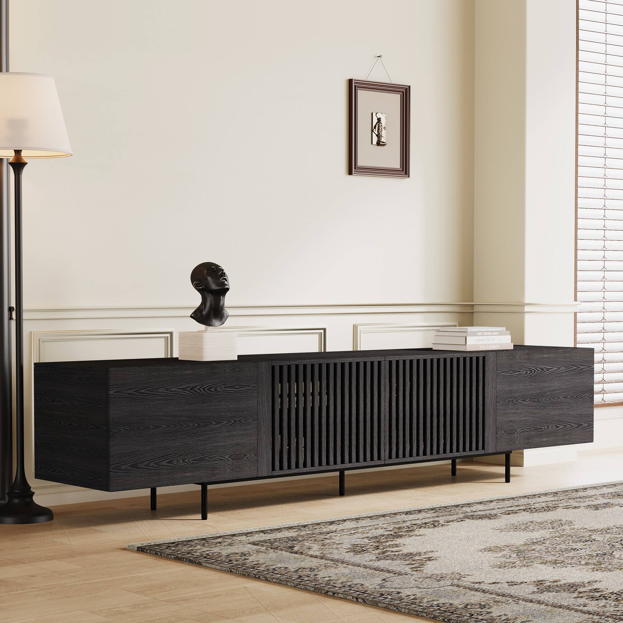 Angle. luck idea - 94.48" Black Modern TV Stand with Adjustable Shelves, Soft-Close Hinges & Cable Holes, Metal Legs for Home Living - Black.