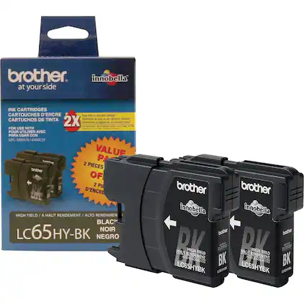 **Brother Innobella at your side**
**Ink Cartridges / Cartouches d'encre / Cartuchos de tinta**
**For use with / Pour utiliser avec / Para usar con: MFC-5890CN / 6490CW**
**2X Page Yield**
*High yield is standard cartridge*
*2X rendimiento de página que un cartucho estándar*
*2X rendimiento de página que un cartucho estándar*
**Value Pack**
*2 pieces of ink cartridges*
*2 pièces d'encre*
*2 piezas de cartuchos de tinta*
**High Yield / A Haut Rendement / Alto Rendimiento**
**Black / Noir / Negro**
**LC65HY-BK**
*Brother Innobella*