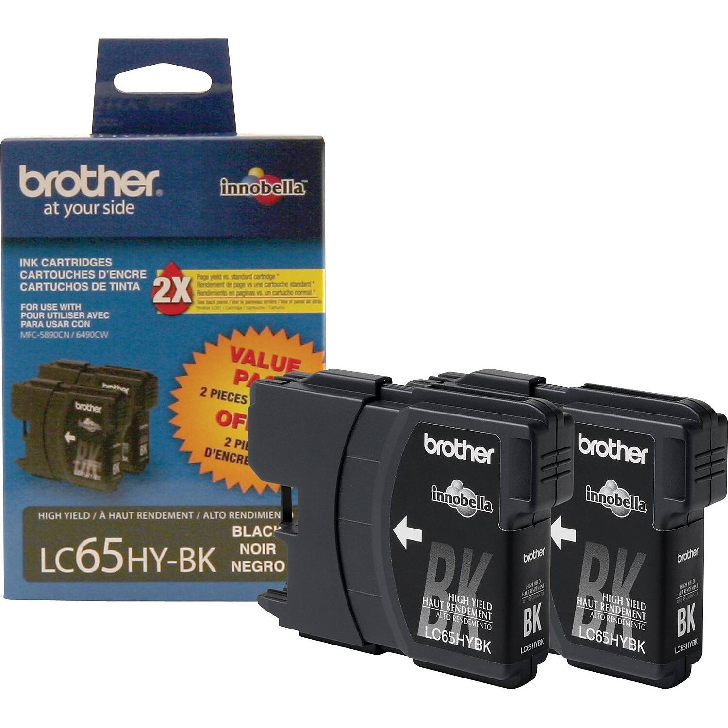 **Brother Innobella at your side**

**Ink Cartridges / Cartouches d'encre / Cartuchos de tinta**

**For use with / Pour utiliser avec / Para usar con: MFC-5890CN / 6490CW**

**2X Page Yield**  
*High yield is standard cartridge*  
*2X rendimiento de página que un cartucho estándar*  
*2X rendimiento de página que un cartucho estándar*

**Value Pack**  
*2 pieces of ink cartridges*  
*2 pièces d'encre*  
*2 piezas de cartuchos de tinta*

**High Yield / A Haut Rendement / Alto Rendimiento**

**Black / Noir / Negro**

**LC65HY-BK**

*Brother Innobella*