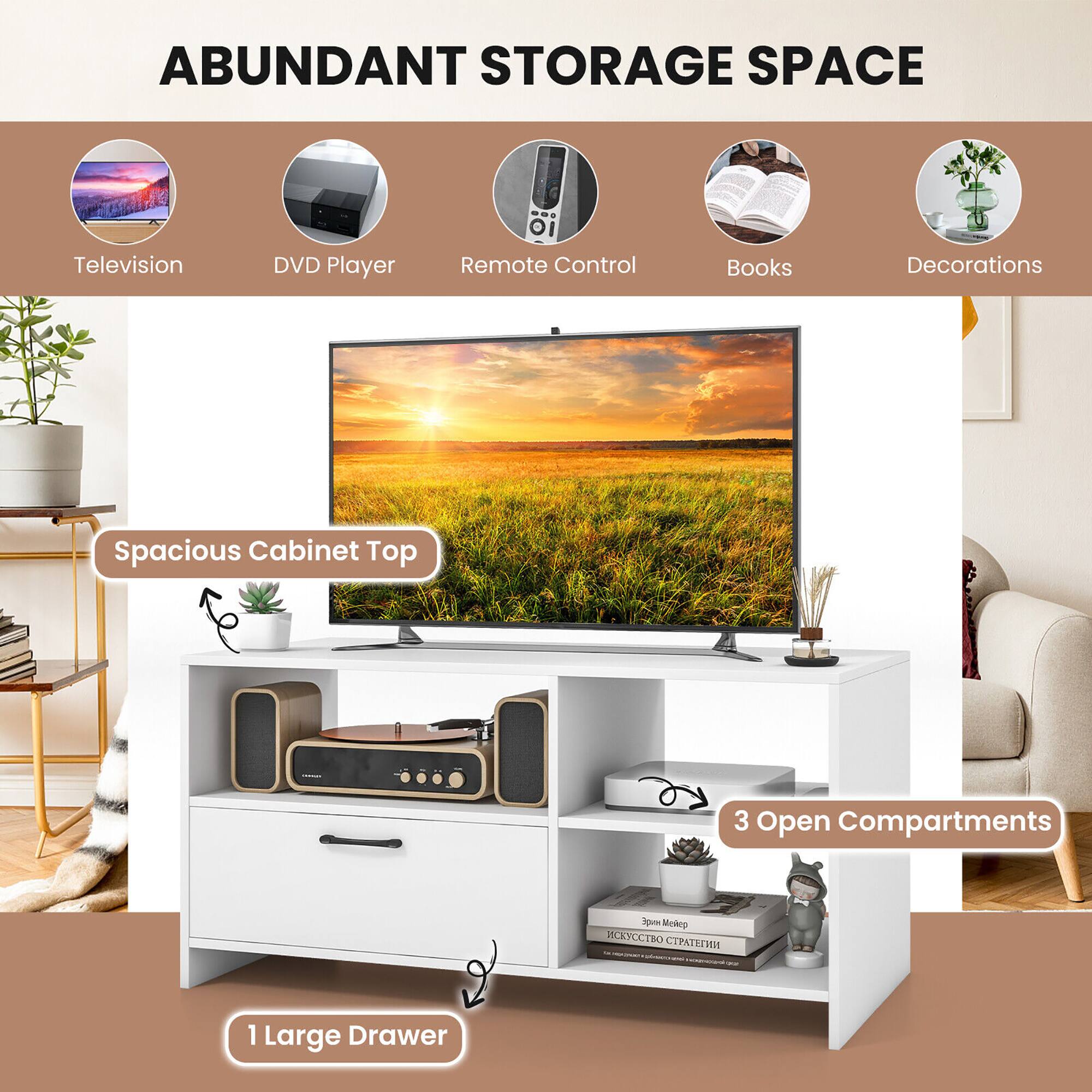 Abundant Storage Space: Television, DVD Player, Remote Control, Books, Decorations, Spacious Cabinet Top, 3 Open Compartments, 1 Large Drawer.