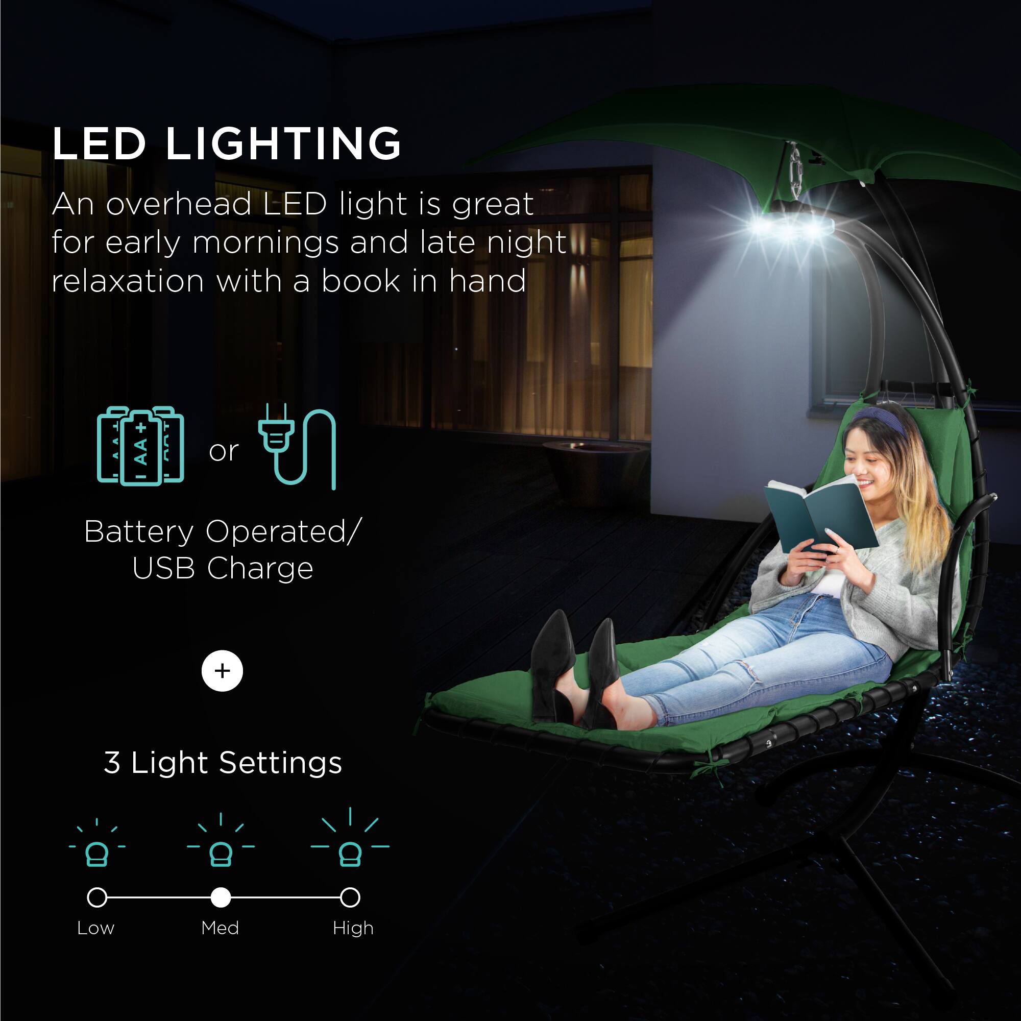 LED LIGHTING  
An overhead LED light is great for early mornings and late night relaxation with a book in hand  

Battery Operated/ USB Charge  

3 Light Settings  
Low Med High