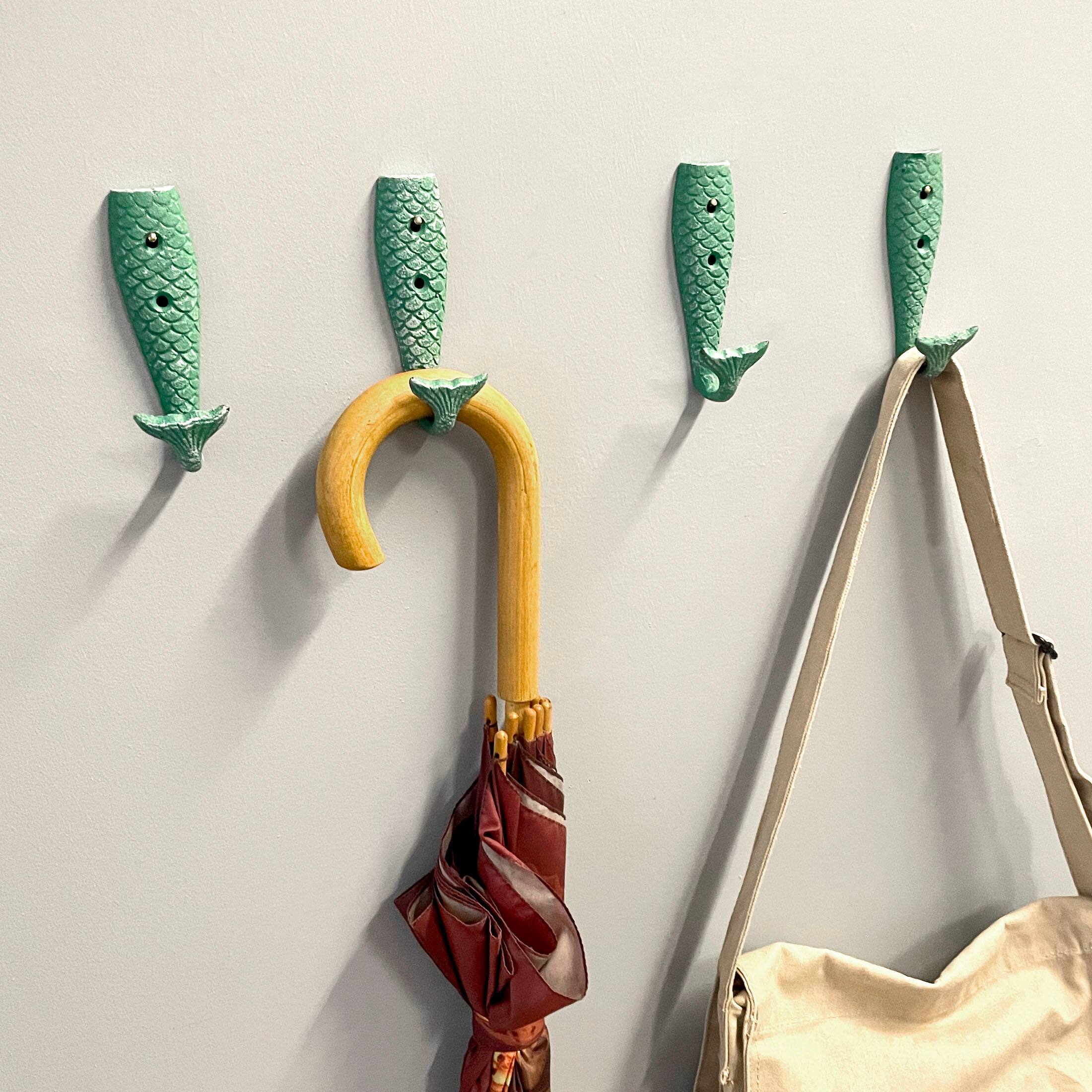 Alt View 7. Chesapeake Bay - Set of 8 Cast Iron Mermaid Tail Wall Hooks Green Nautical Coastal Decor - Green.