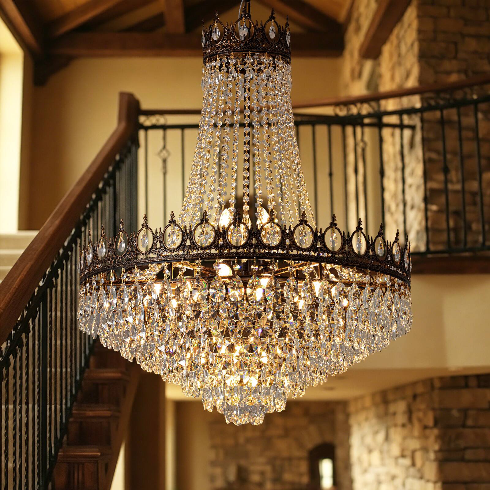 Angle. Siljoy - 32 Inch Luxury Empire Crystal Chandelier, 10-Light K9 Teardrop Crystal Pendant Light for Foyer, Staircase and Entryway - Black.