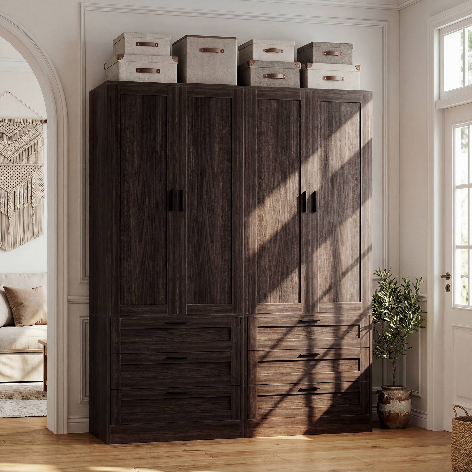 Angle. Aheaplus - 71" Tall Armoire Wardrobe with 3 Drawers, Doors, Hanging Rod, 20" Deep Storage with Soft-Close Hinges & Metal Handles - Walnut.