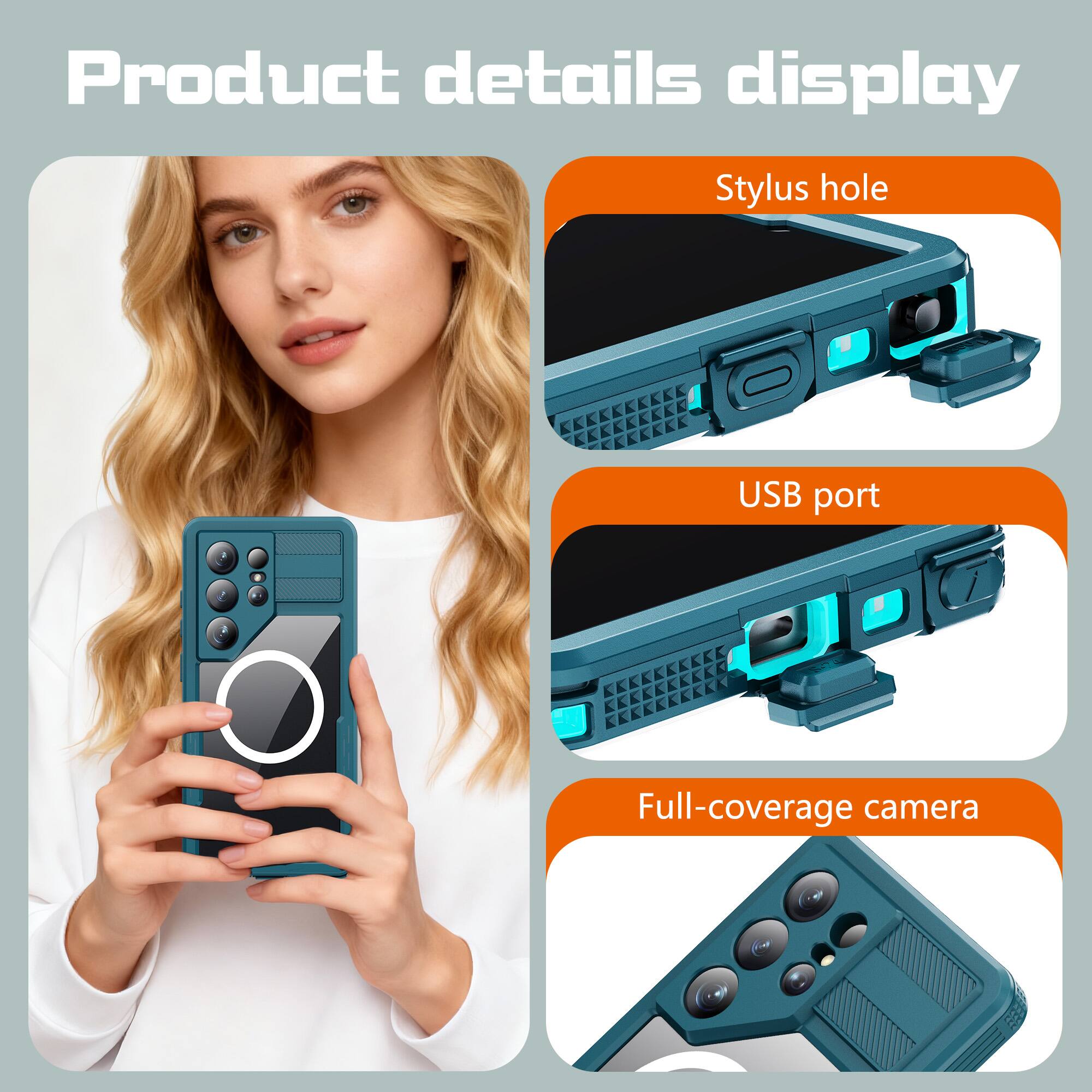 Product details display  
Stylus hole  
USB port  
Full-coverage camera