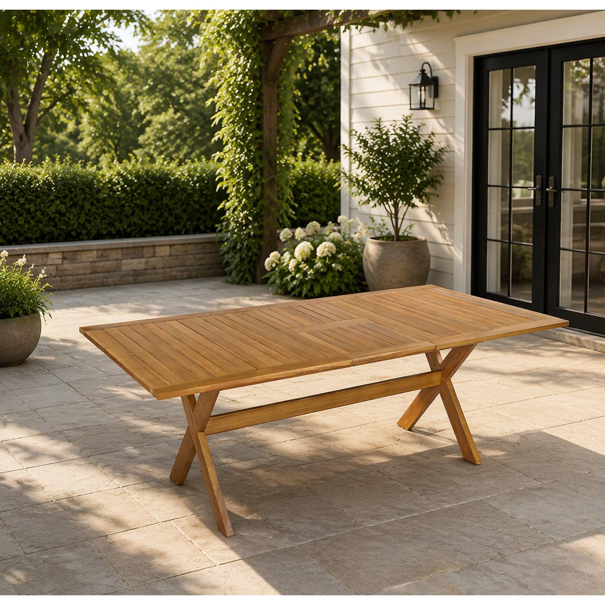 Left. RYHNUYNE - 60"-76" Outdoor Extendable Dining Table, Solid Acacia Wood X-Leg Patio Table for Backyard Garden Deck, Natural Finish - Teak.