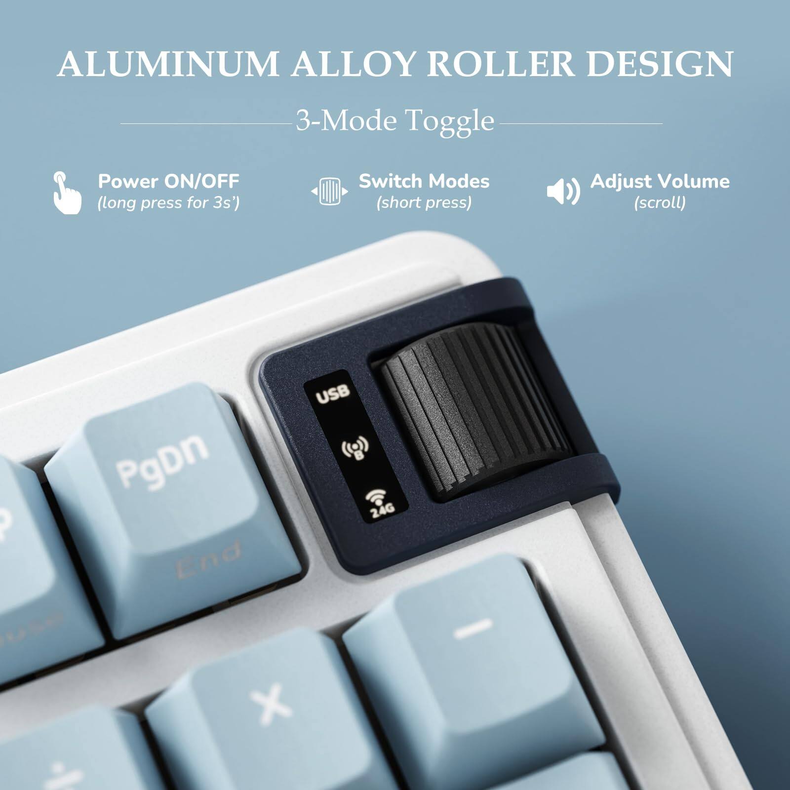 ALUMINUM ALLOY ROLLER DESIGN

3-Mode Toggle

- Power ON/OFF (long press for 3s)
- Switch Modes (short press)
- Adjust Volume (scroll)

USB 24G