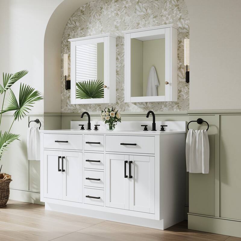 Angle. WELLFOR - 60 in Solid Wood Bathroom Vanity with Double Sink,4 Doors,6 Drawers& Cultured Marble Countertop,Matte Black Handle - White.