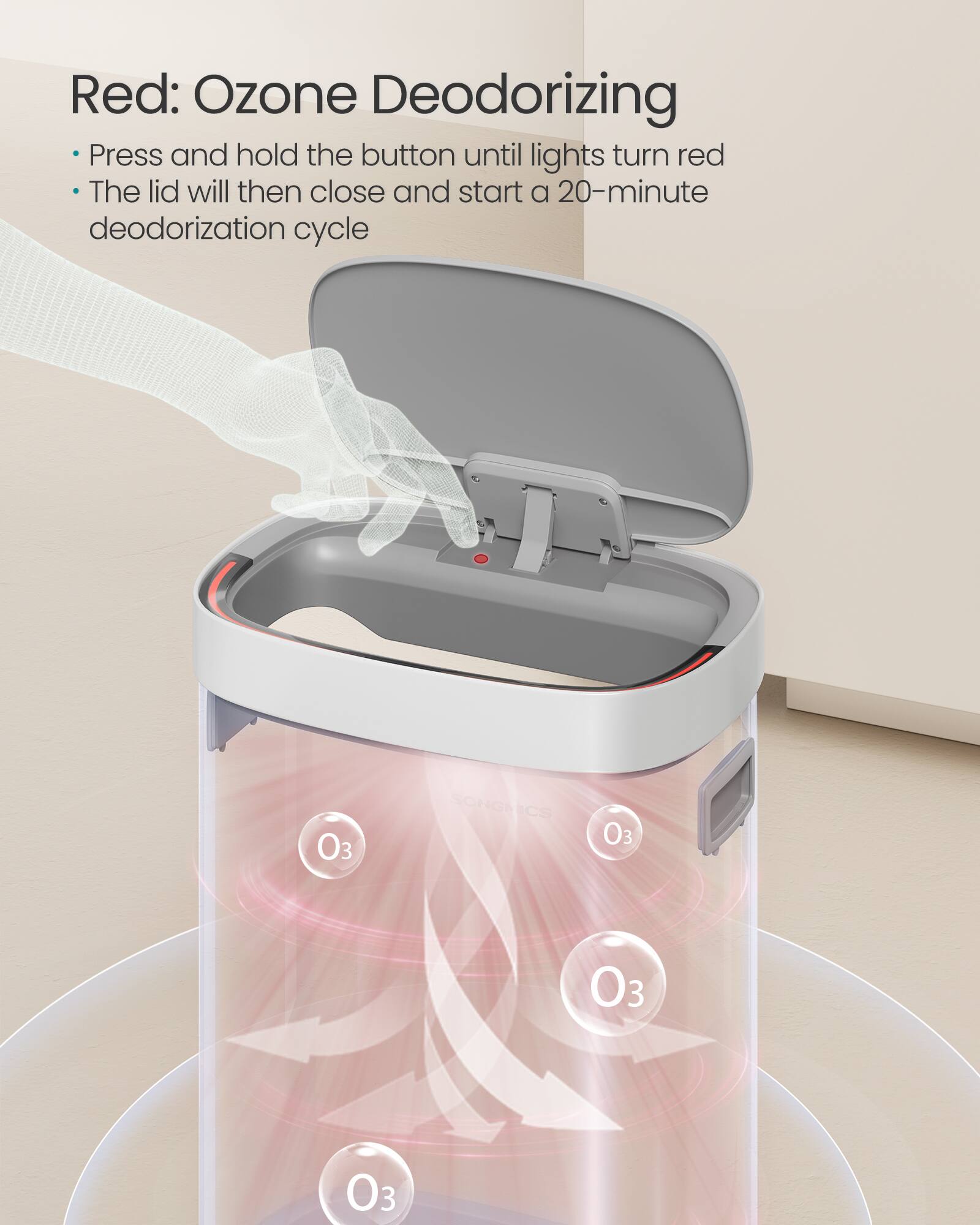 Red: Ozone Deodorizing  
Press and hold the button until lights turn red  
The lid will then close and start a 20-minute deodorization cycle