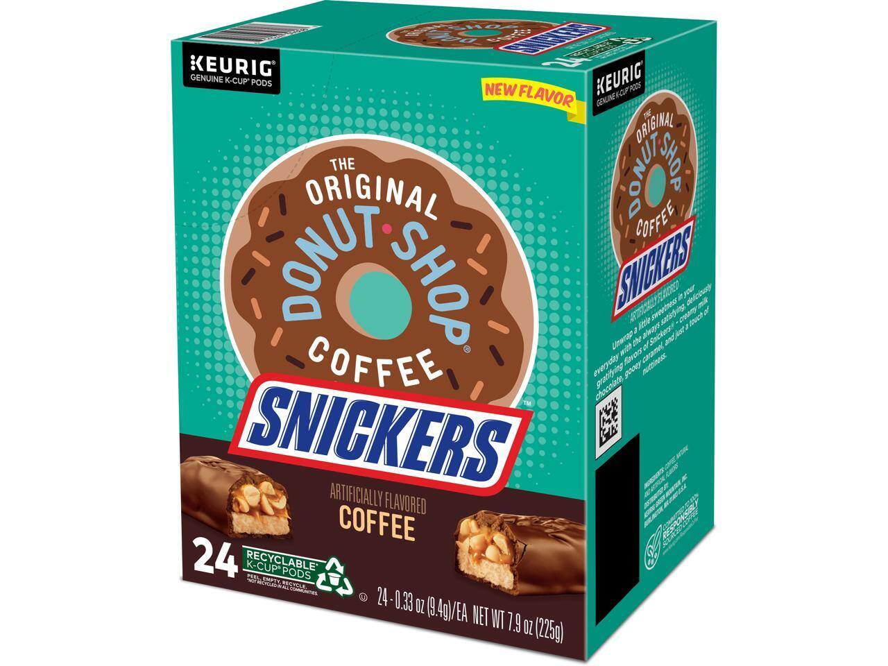 HO d sd SIRES KEURIG GENUINE K-CUP PODS NEW FLAVOR KEURIG KCF PODS GENUINE THE ORIGINAL THE DONUT SHOP COFFEE DONUT SHOP SAGIERS TRCREO Ittle efSnickers aways satisfying just creamy i your 7 deficiusly m o Unwrap the and wh favers caramel COFFEE everydazy chocolate gooey A SNICKERS ARTIFICIALLY FLAVORED COFFEE RESPOSS 24 RECYCLABLE K-CUP REL EMPTY PODS MICCLED ECYCLE A IAMUATES 1 24 0.33 OZ (9.4g/EA NET WT 1.9 OZ (225g)