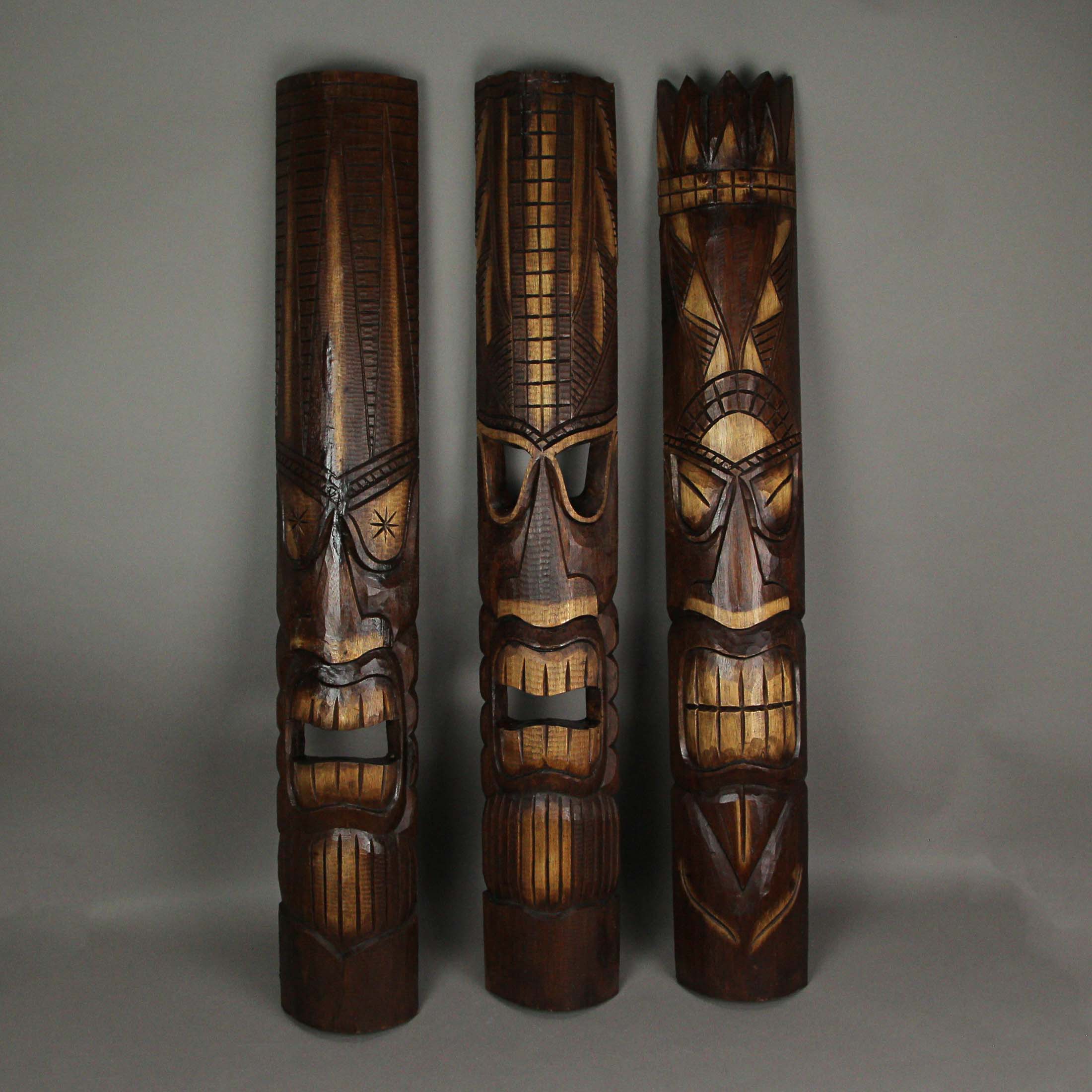 Alt View 2. Zeckos - 40 Inch Carved Wood Tiki God Masks Tropical Beach Hawaiian Home Decor Set of 3 - Brown.