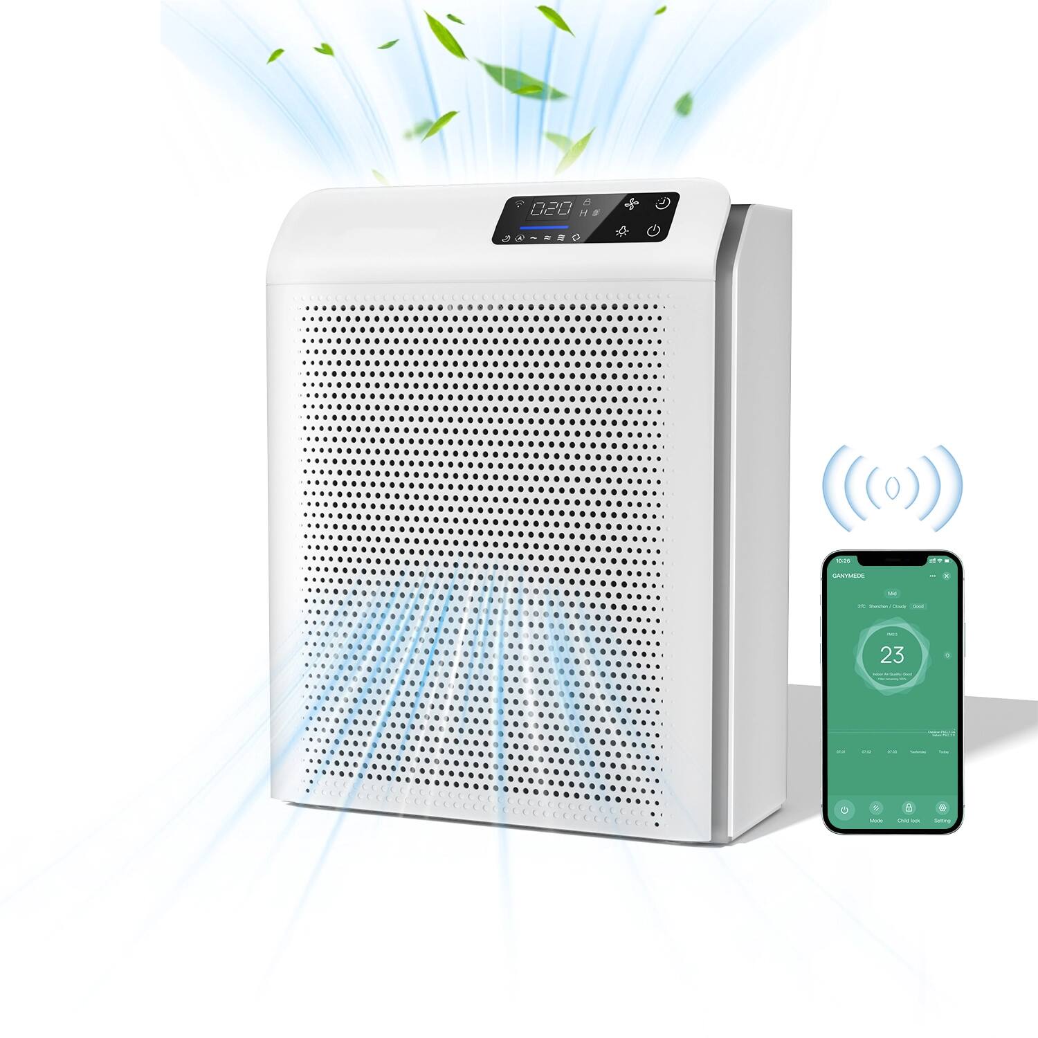 Teendow - Smart Air Purifier with H13 HEPA Filter, App Control, up to 2200 sq FT - White