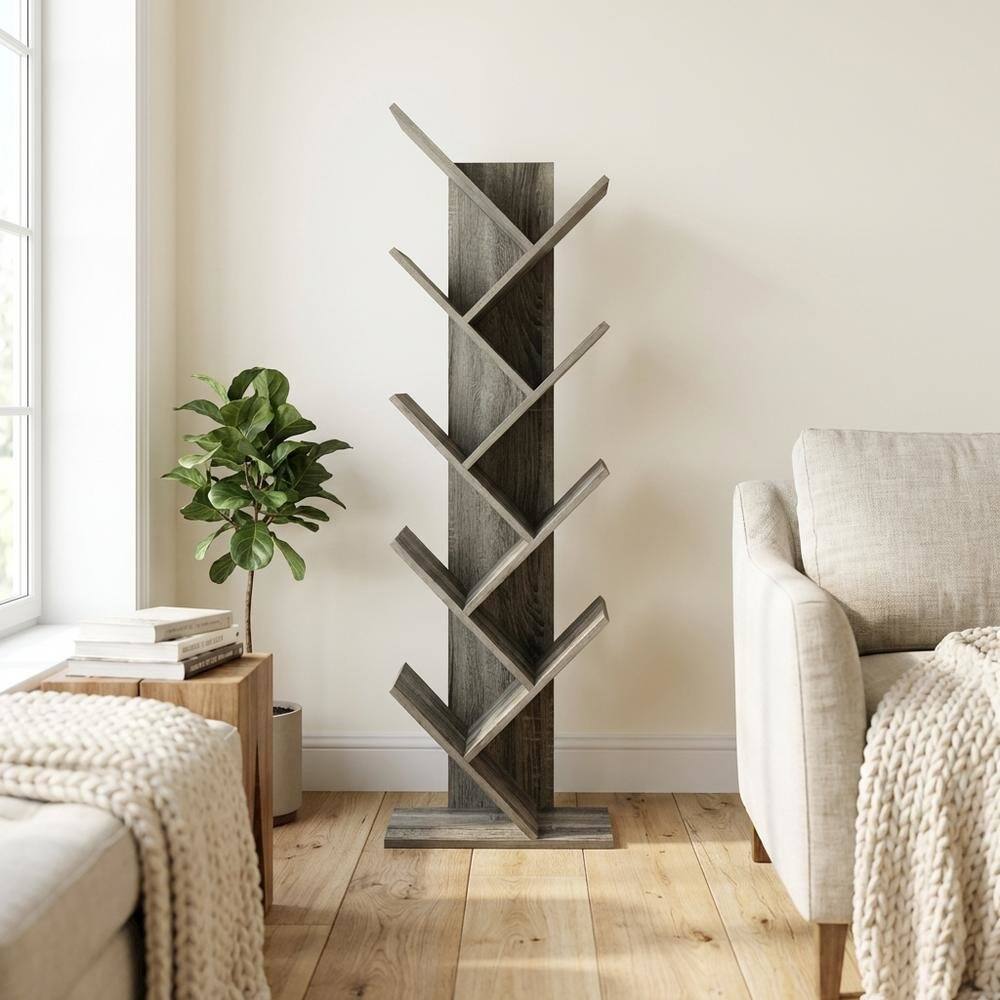 Left. FurniFact - Grey Oak 9-Tier Floor Standing Bookcase with Sturdy Wood Construction - Grey Oak.