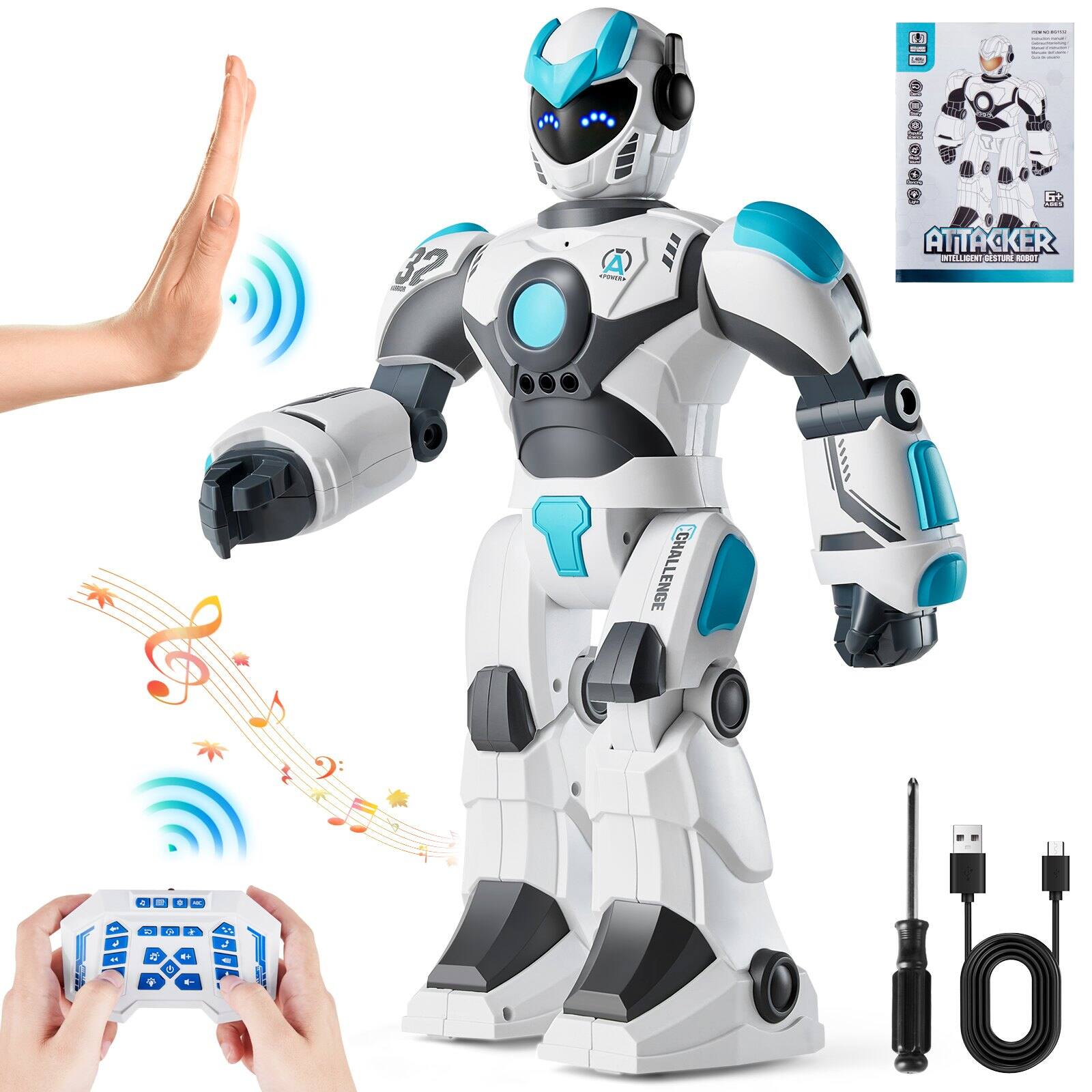 Glintex - RC Smart Robot 2.4GHz Gesture Sensing Programmable Toy with Voice Control, Singing Dancing Robot Gift for Kids .