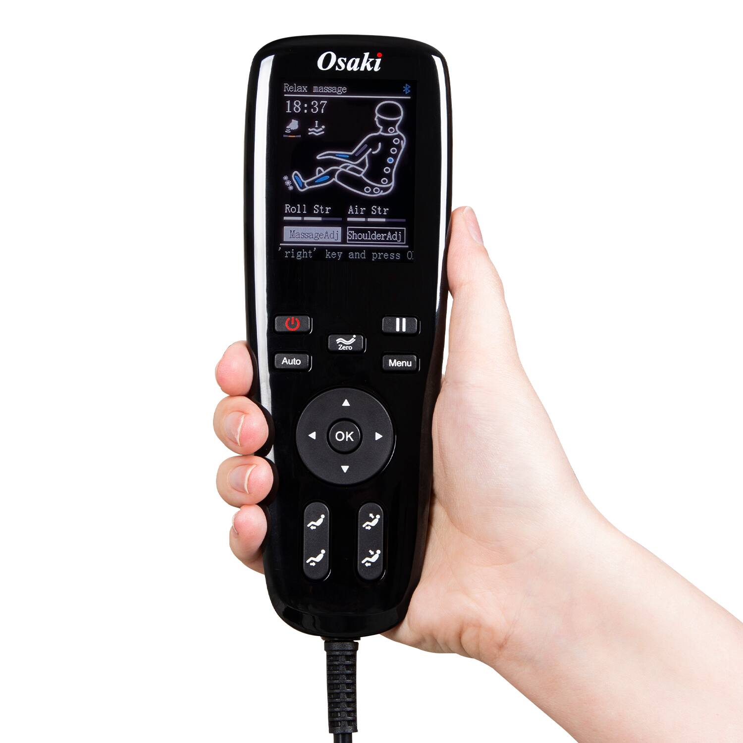 Osaki Relax massage  
18:37  
Roll Str Air Str  
MassageAdj ShoulderAdj  
Press 'right' key and press 'OK'  
Auto Zero Menu