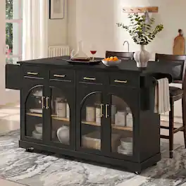Loheer - 65 inch kitchen island with storage, kitchen island with power outlet and drop leaf - Black