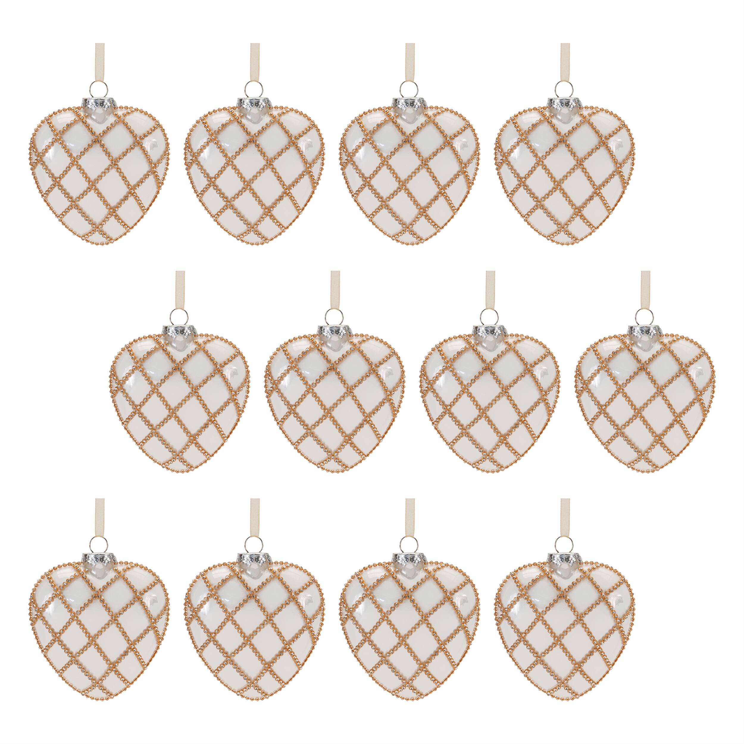 Left. BreeBe - Jeweled Glass Heart Ornament (Set of 12) - White, Gold.