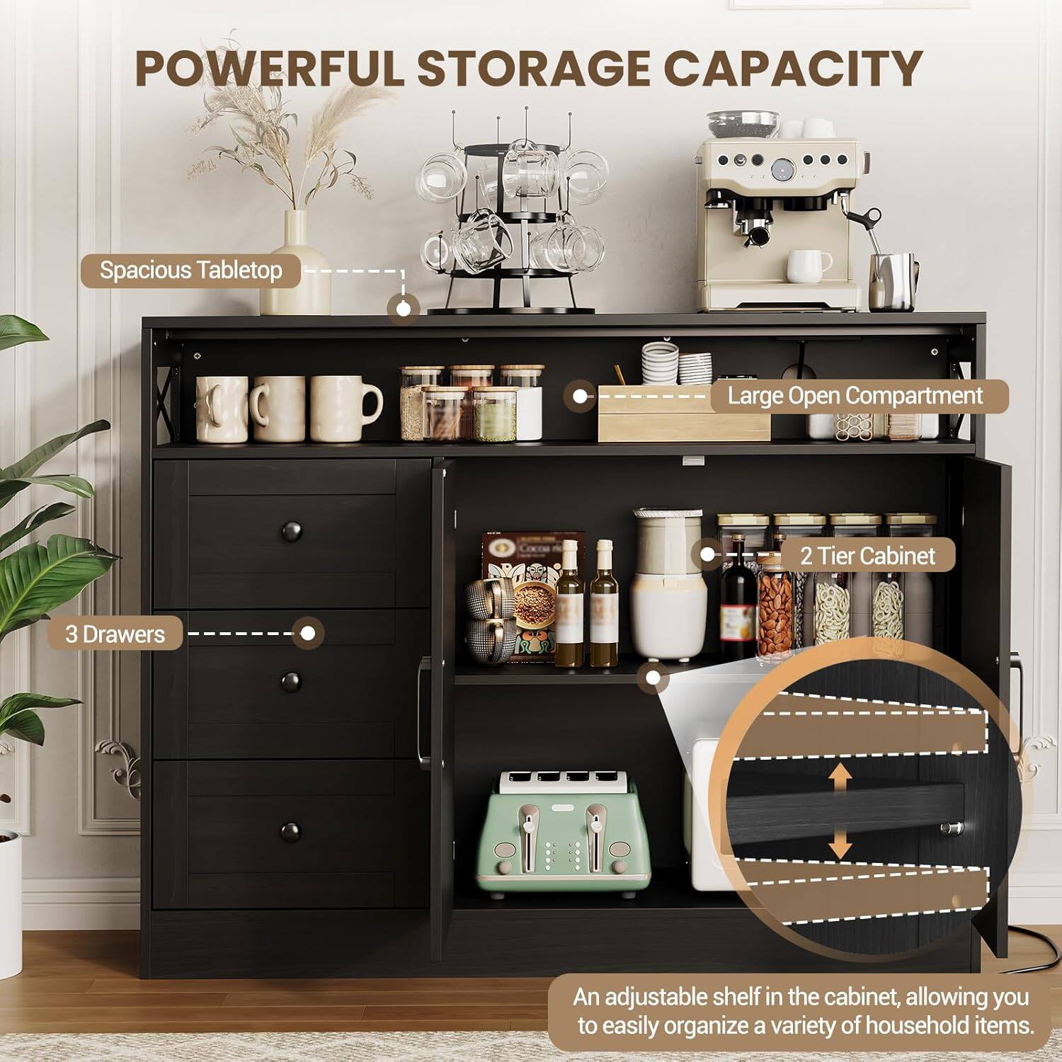 POWERFUL STORAGE CAPACITY

- Spacious Tabletop
- Large Open Compartment
- 3 Drawers
- 2 Tier Cabinet

An adjustable shelf in the cabinet, allowing you to easily organize a variety of household items.